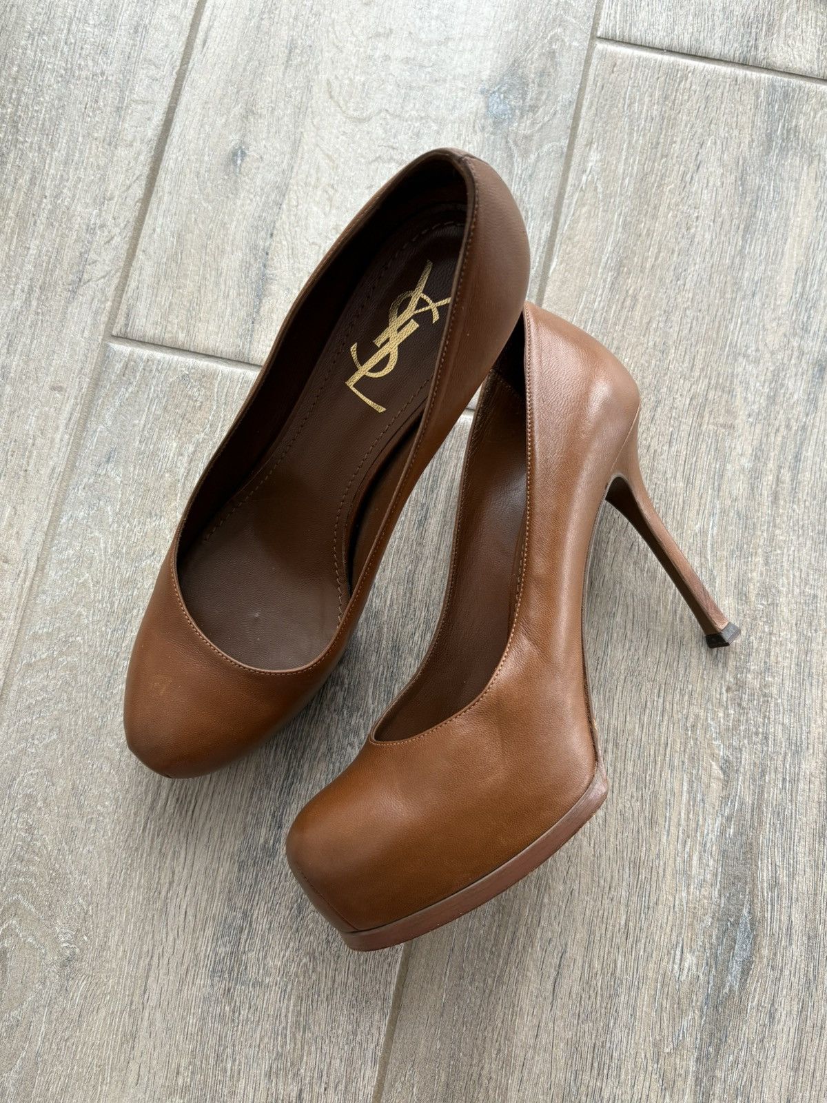 Yves Saint Laurent Yves Saint Laurent Leather Platform Pumps Brown Heels 37.5 Size US 7 / IT 37 - 1 Thumbnail