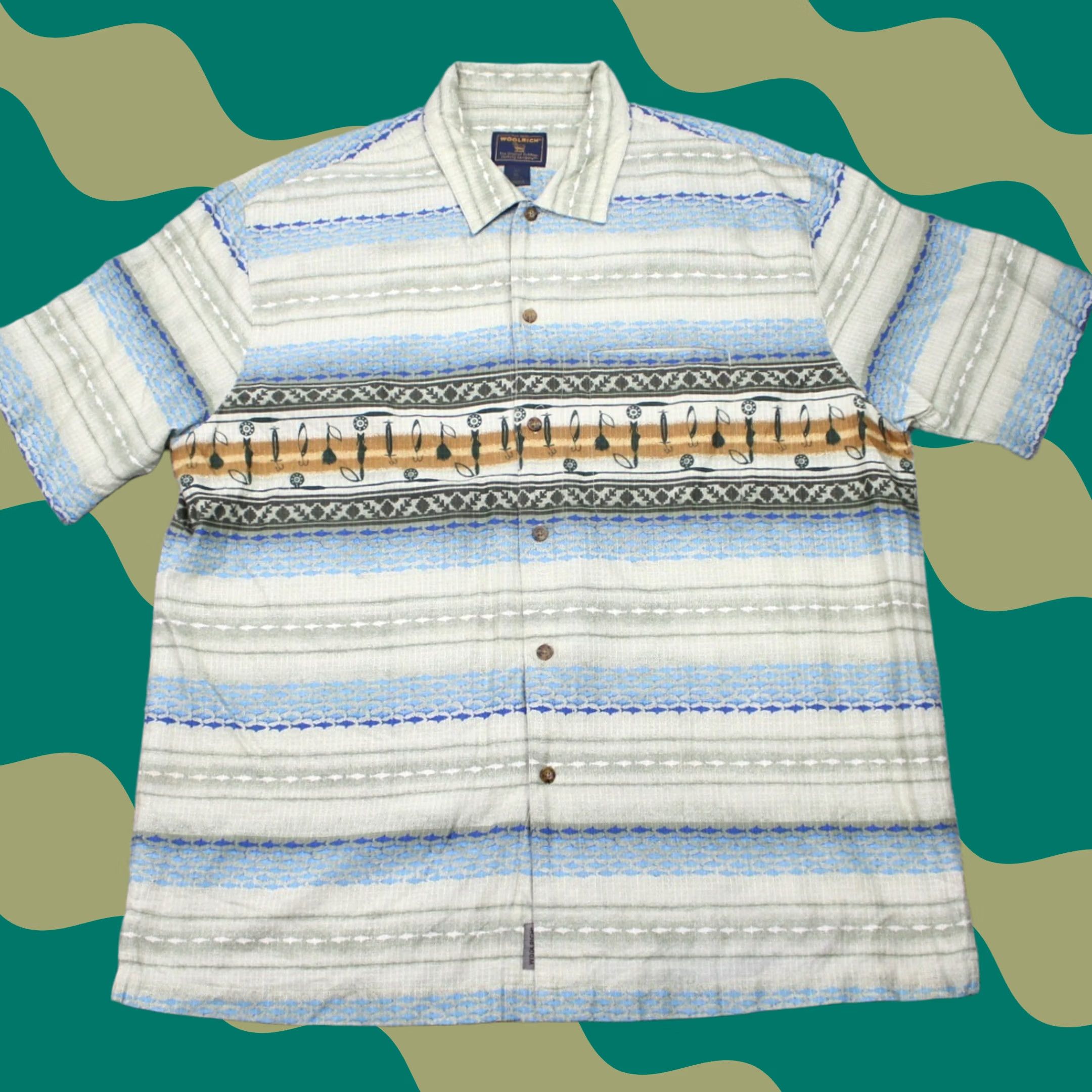 Vintage Woolrich Shirt Mens XL Blue/Green w/ Fishing Lure AOP Cotton S/S Button Up Size US XL / EU 56 / 4 - 1 Thumbnail