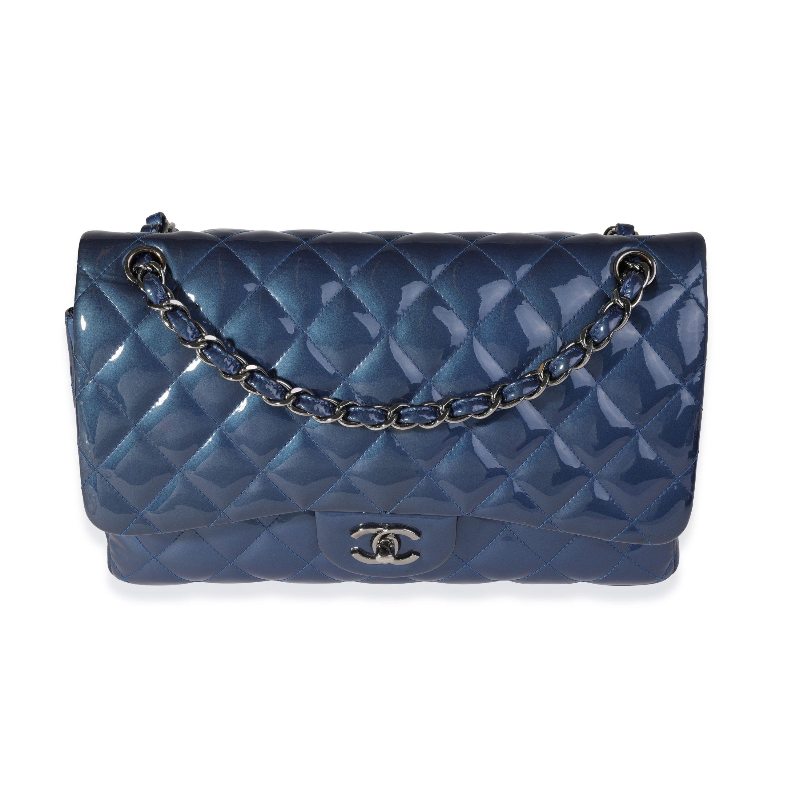 Chanel Blue Quilted Patent Leather Jumbo Classic Double Flap Bag