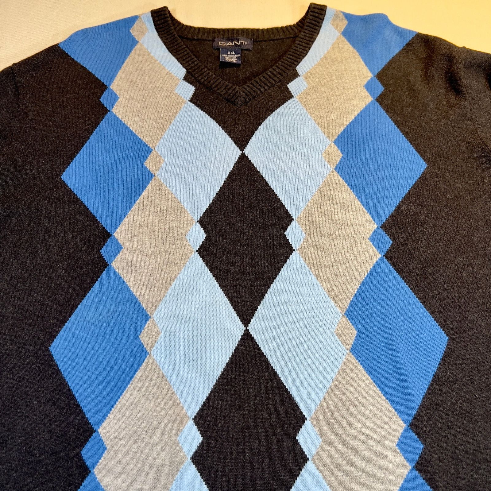 Gant Gant Vintage Made in Hong Kong Blue Argyle V-Neck Sweater Size US XXL / EU 58 / 5 - 6 Thumbnail