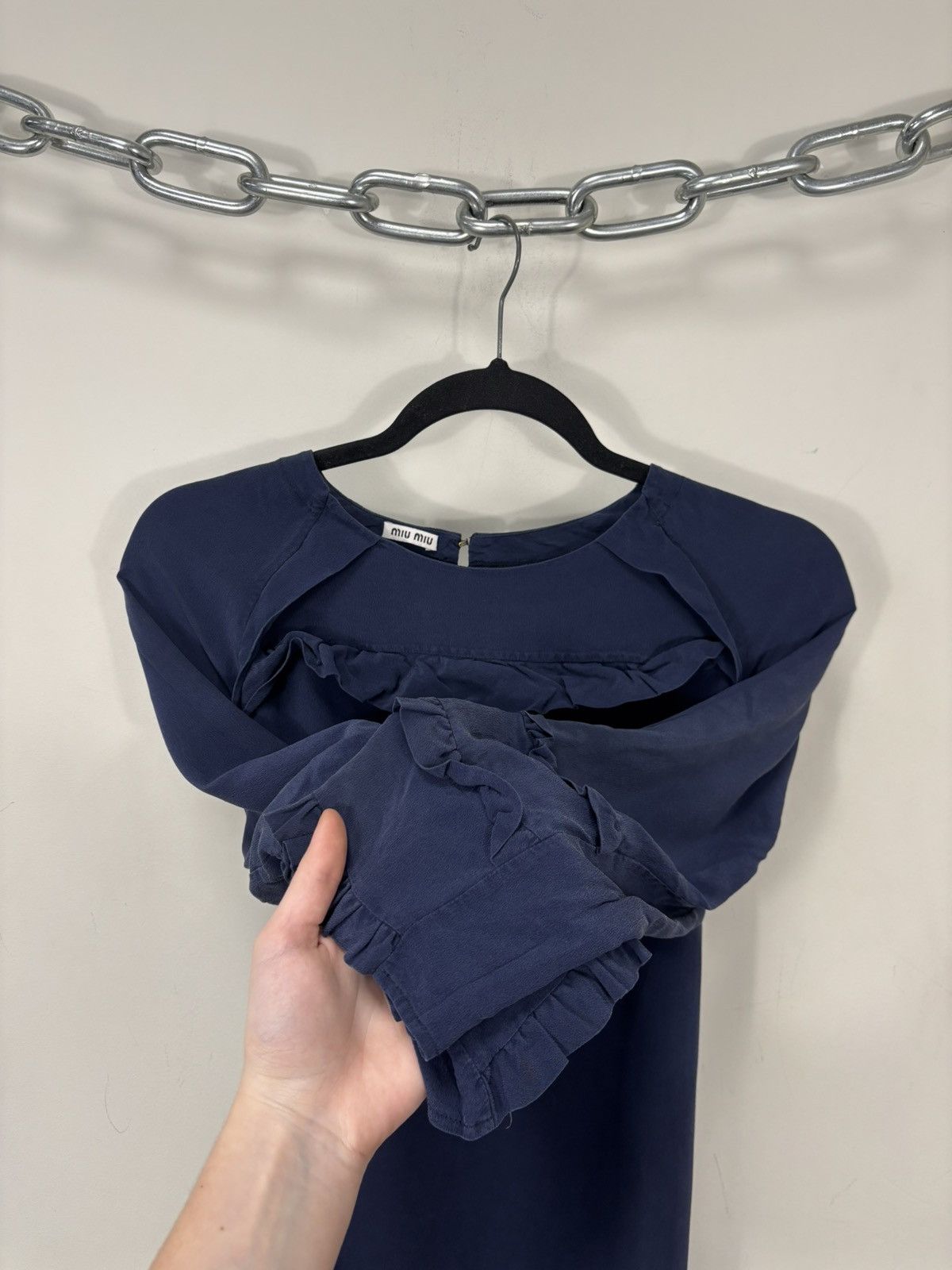 Miu Miu Miu Miu Women’s Navy Babydoll Silk Ruffle Blouse Tunic Top Size M / US 6-8 / IT 42-44 - 6 Thumbnail