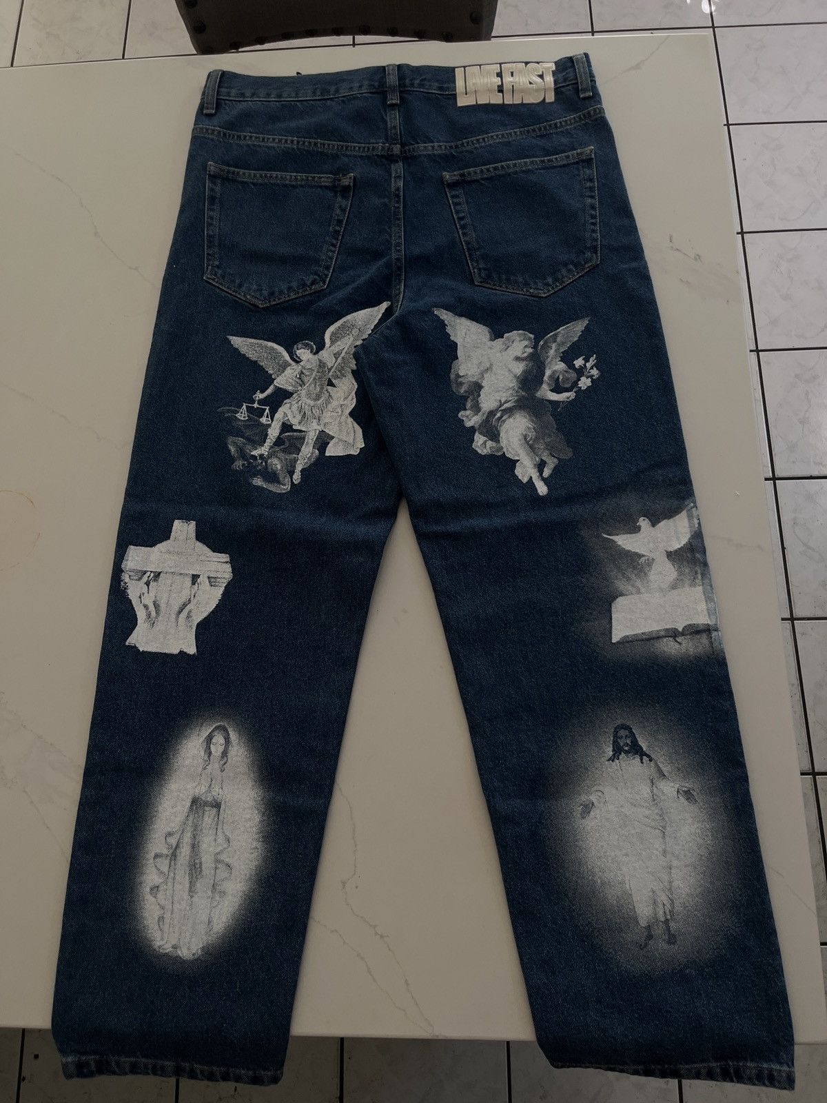 LFDY × Vintage LFDY Holy Print Denim Jeans Size US 32 / EU 48 - 2 Thumbnail