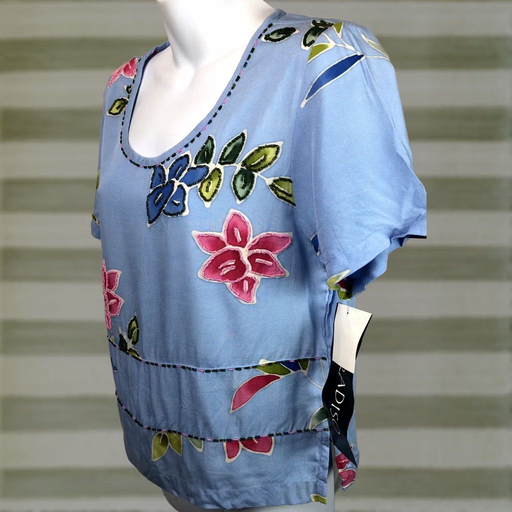 Paradise Paradiso Top Womens S Blue Nwt Hand Painted Floral Beaded Scoop neck Art Beach Tropical Size S / US 4 / IT 40 - 1 Thumbnail
