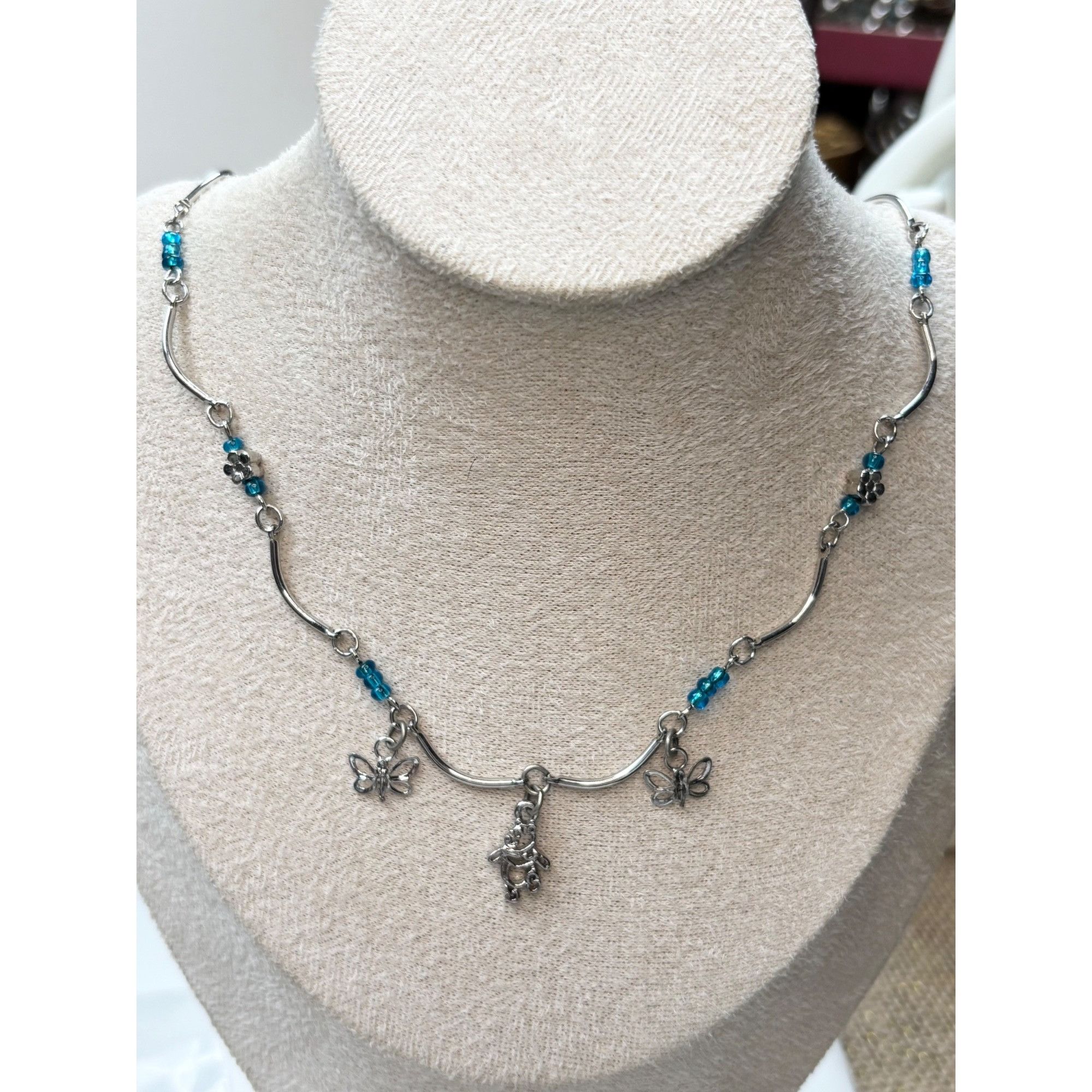 Other Butterfly & Bear Charm Silver Necklace With Blue Beads Size ONE SIZE - 2 Thumbnail