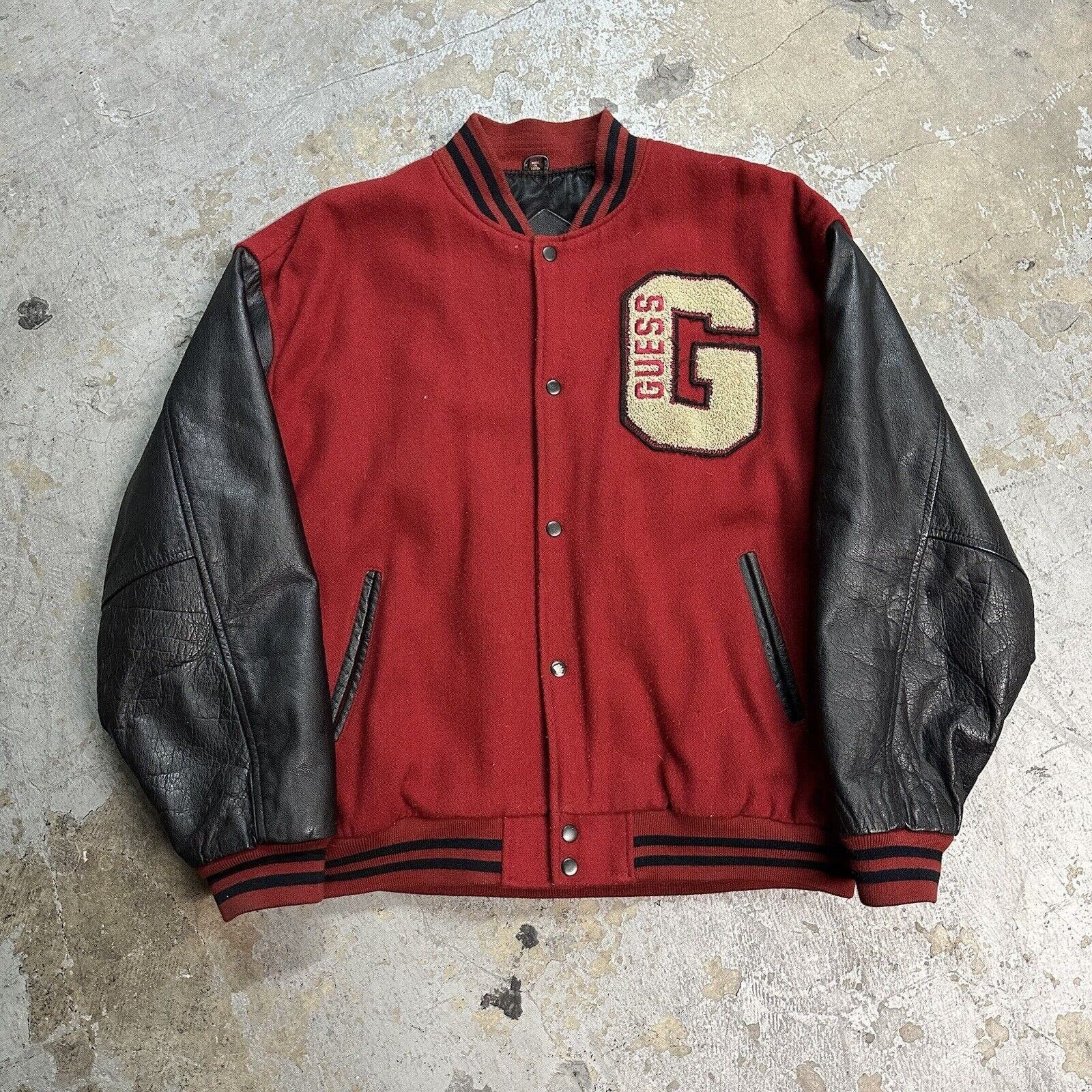 image of Vintage Guess Jeans Wool Leather Letterman Varsity Jacket XL in Red, Men's