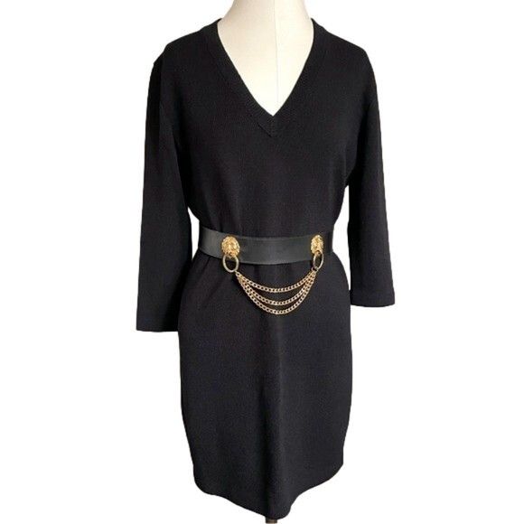 St. John St John Black Wool Blend Santana Knit V-Neck Knee Dress 🇺🇸 Size M / US 6-8 / IT 42-44 - 2 Thumbnail