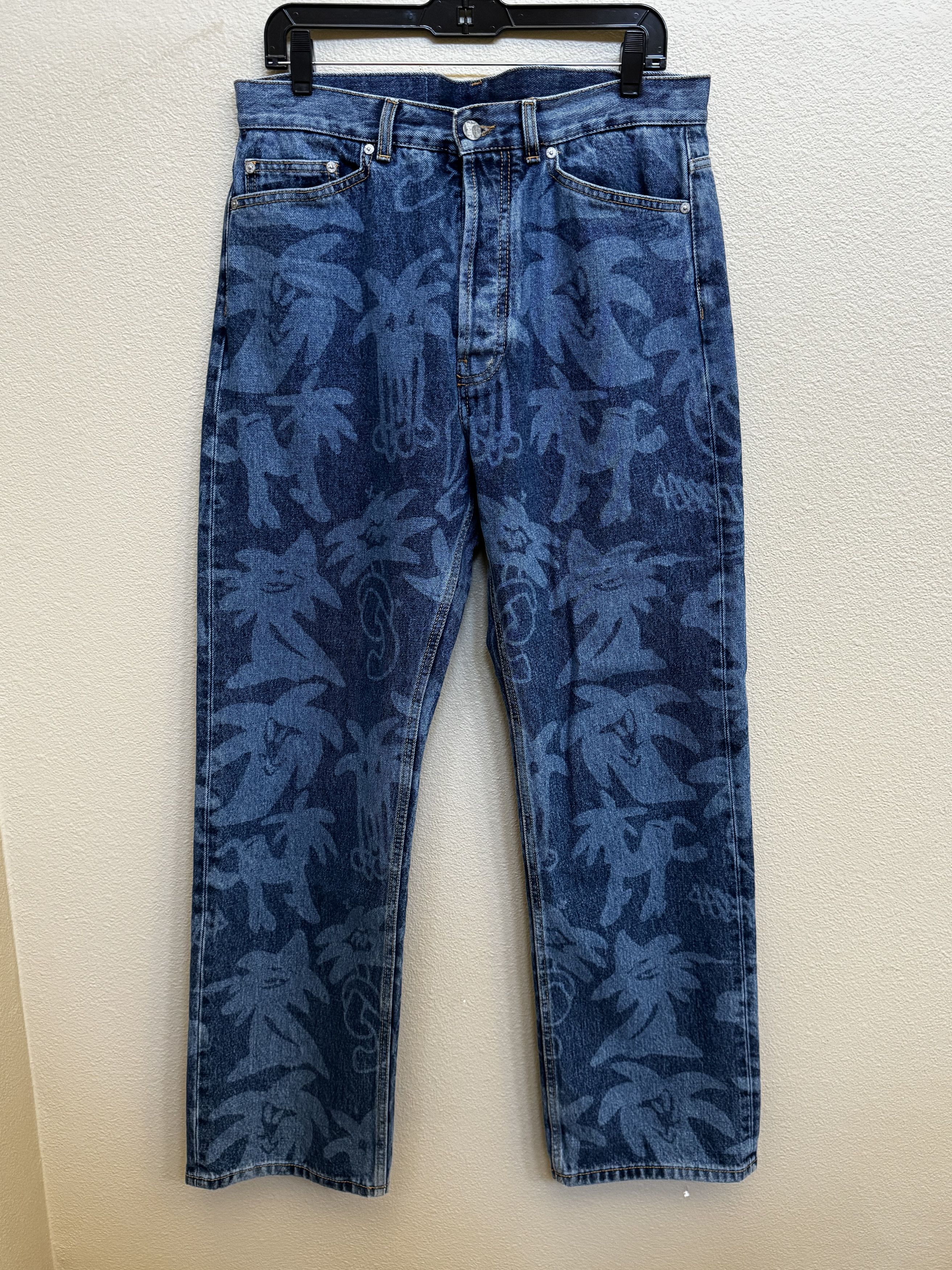 Palm Angels Palm Angels Palm Print Blue Denim Wide Leg Jeans