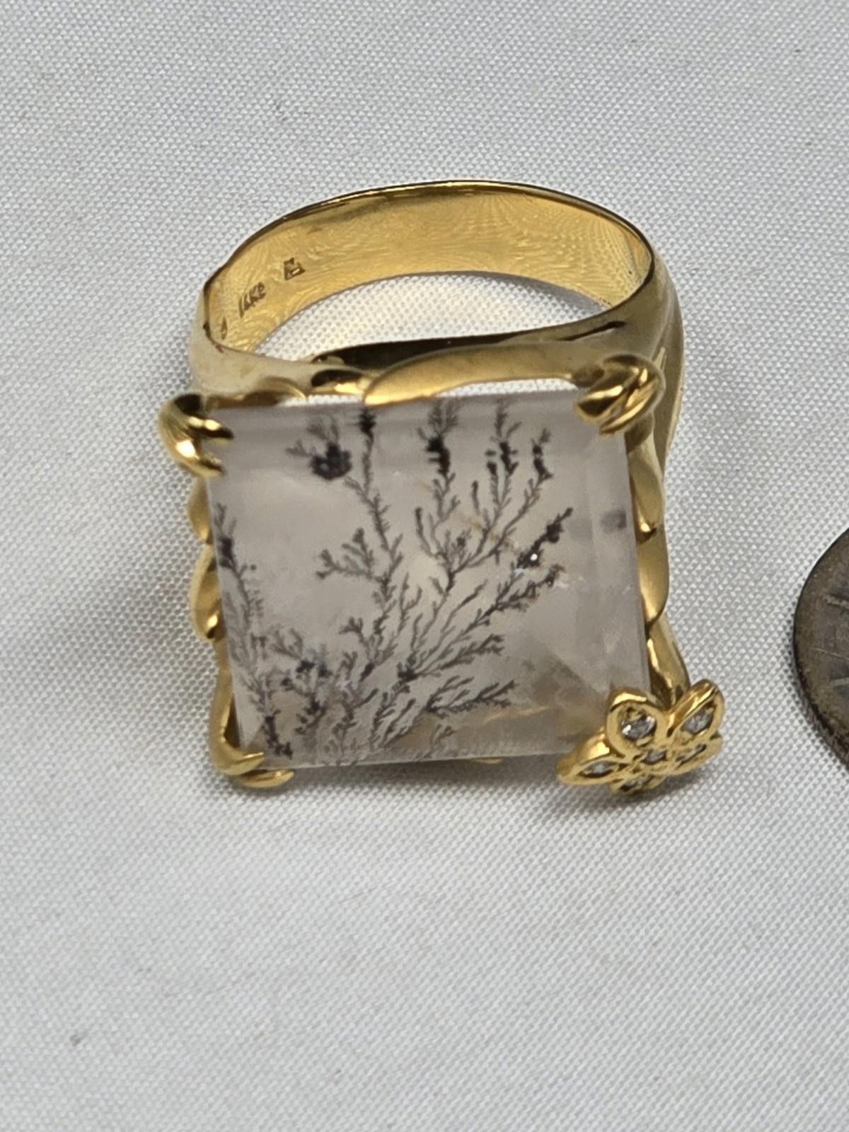 The Unbranded Brand Heavy 14k Gold Dendritic Quartz & Diamond Statement Ring 7 Size ONE SIZE - 2 Thumbnail