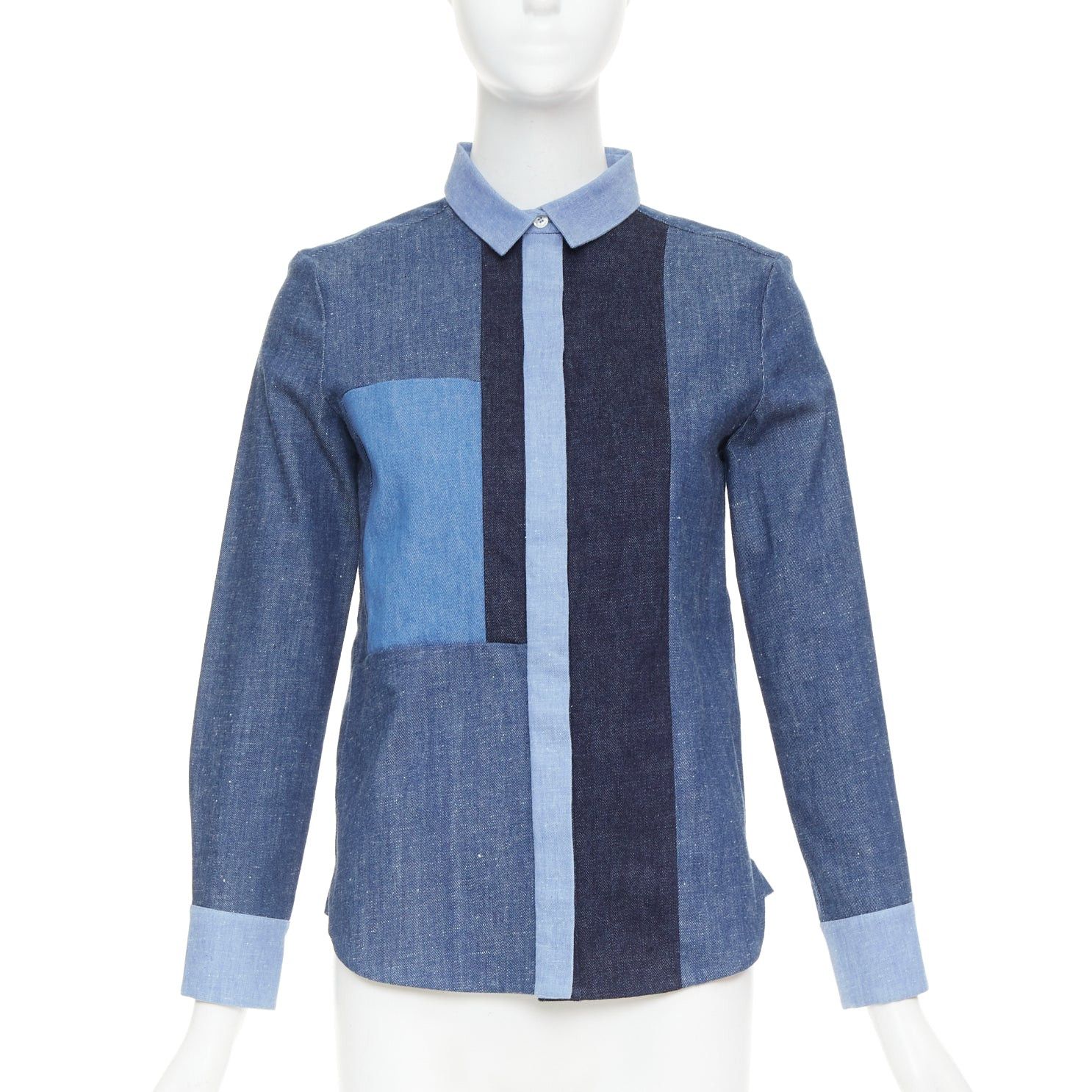 Celine OLD CELINE Phoebe Philo 2011 Runway blue patchwork denim button-up shirt FR36 S Size S / US 4 / IT 40 - 1 Thumbnail