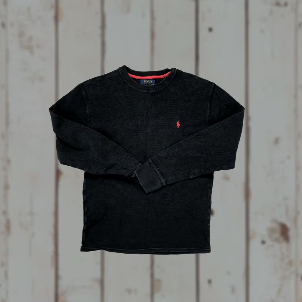 Polo Ralph Lauren Sweater Mens M Black Waffle-Knit Cotton Crewneck Pullover