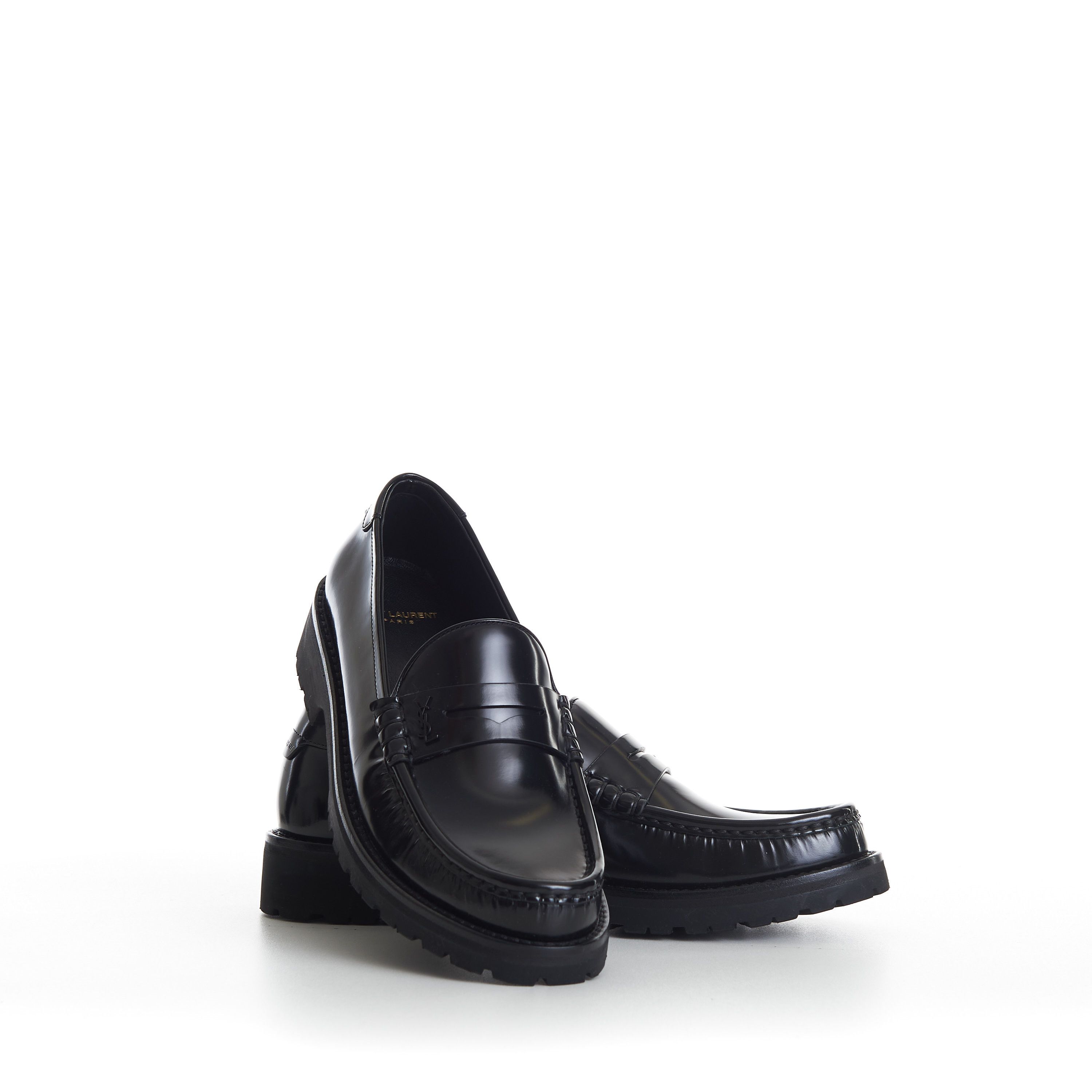 image of Saint Laurent Paris Black Penny Loafers - Chunky Sole, Glazed Leather, Ysl, Men's (Size 10)