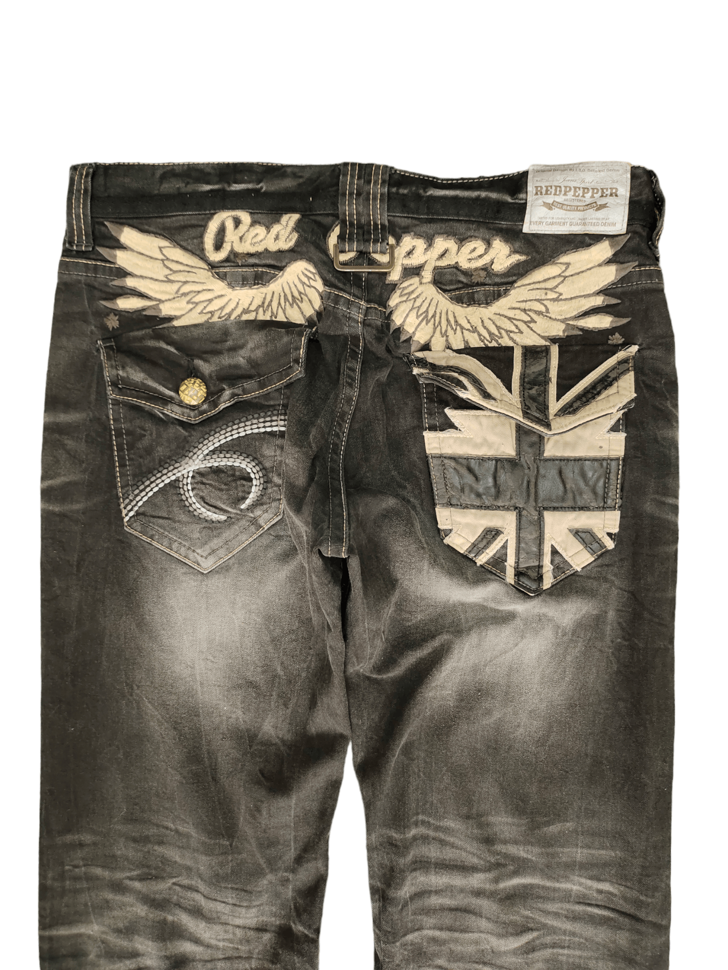 Vintage Red Pepper Wing & UK Flag Embroidered Denim Ed Hardy Y2k Size US 36 / EU 52 - 3 Thumbnail