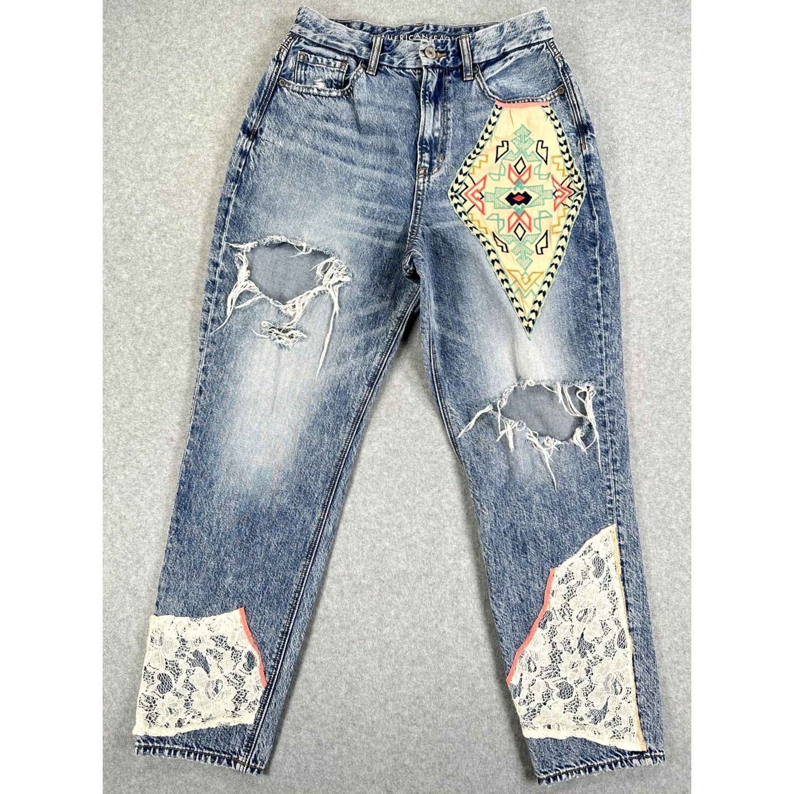American Eagle Outfitters VINTAGE American Eagle Outfitters Jeans Womens 4 Blue High Rise Distressed Lace Mom Embroidered Pockets Bohemian 90s Womens Size 27" / US 4 / IT 40 - 2 Thumbnail