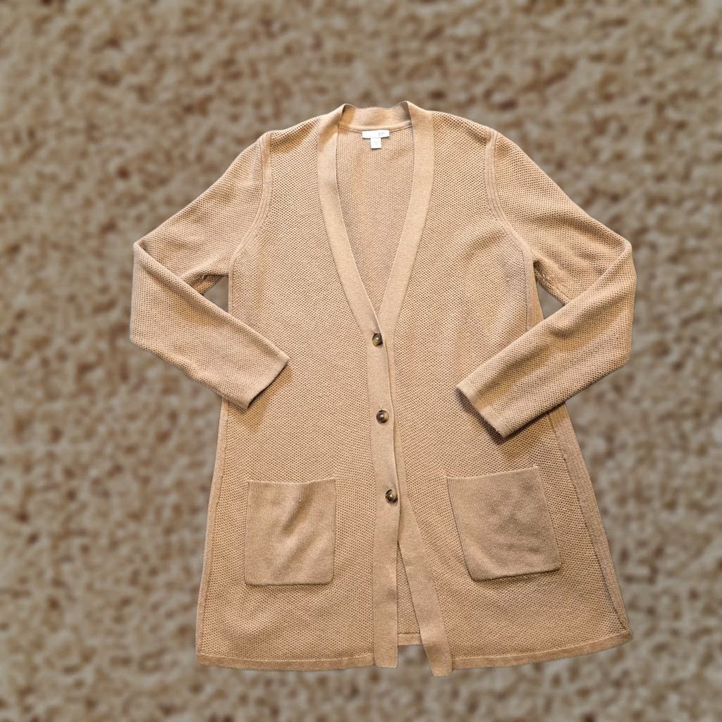 J. Jill J. Jill Cardigan Sweater Womens Size M Tan Long Sleeve Pockets Capsule Cardigan Classic Knit V-Neck Cotton Polyester Size M / US 6-8 / IT 42-44 - 1 Thumbnail