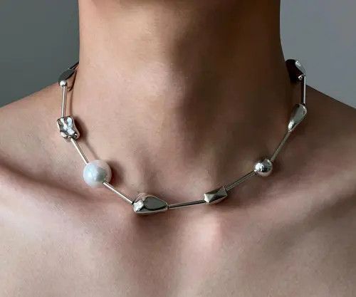 Jewelry Silver Geometric Pearl Accent Necklace, Modern Jewelry Size ONE SIZE - 7 Thumbnail