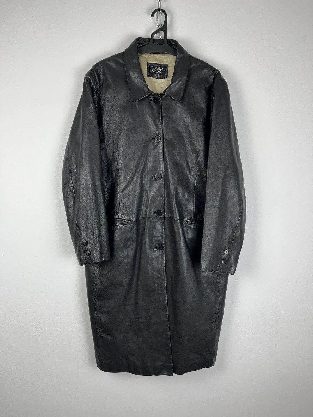 image of Escada x Escada Sport Black Leather Vintage Coat Overcoat Size L, Women's