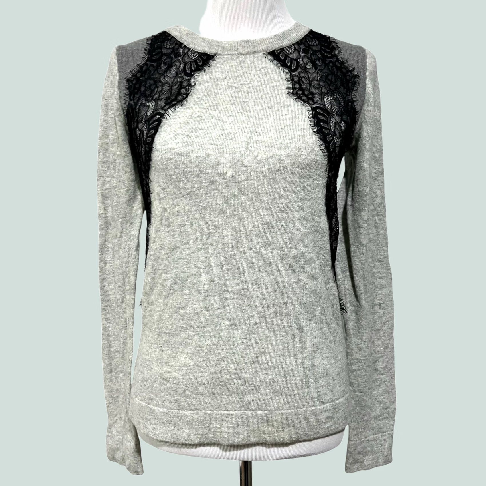 J.Crew J.Crew Gray Wool Blend Black Lace Color block Crew Neck Sweater Women’s Sz Small - Mens/Womens? Size S / US 4 / IT 40 - 1 Thumbnail