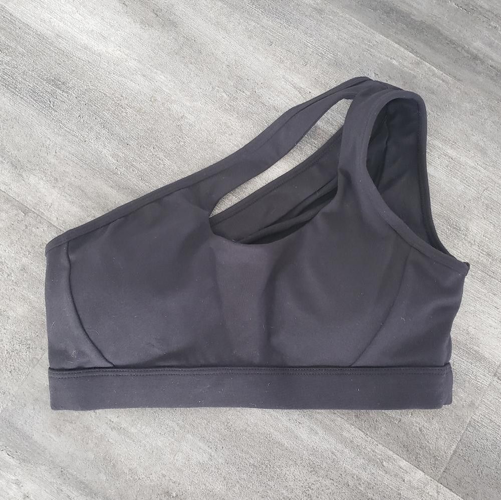 Designer Black Asymmetrical Side Strapped Sport Bra Size ONE SIZE - 1 Thumbnail