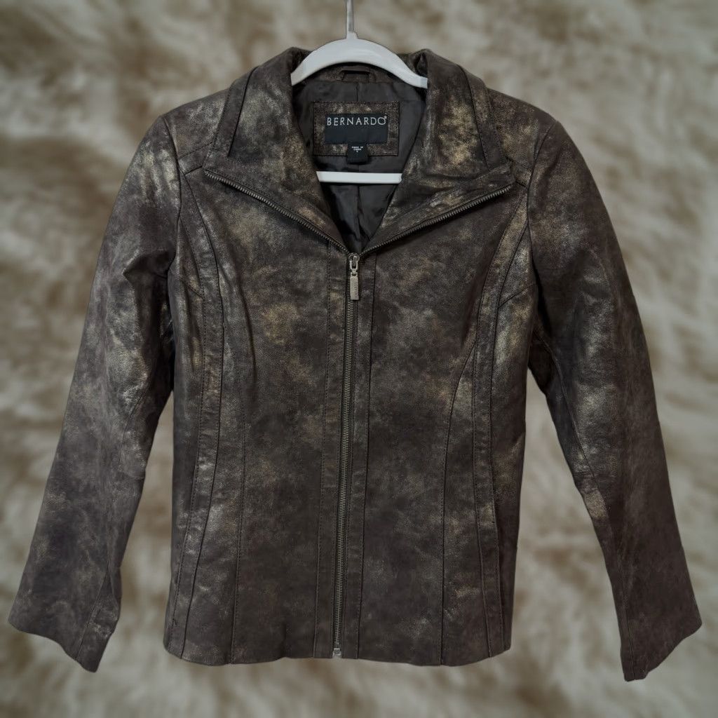 Vintage Bernardo Leather Jacket Brown Gold Women's Size S Motorcycle Zip Up Collared Jacket Size S / US 4 / IT 40 - 1 Thumbnail