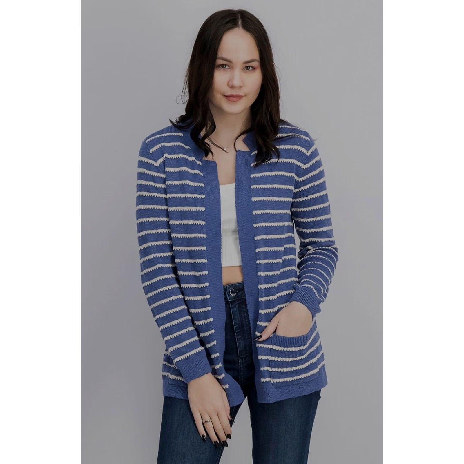 Market Market & Spruce Women Blue/White Stripe Rosey Textured Stitch Cardigan Sweater L Size L / US 10 / IT 46 - 2 Thumbnail