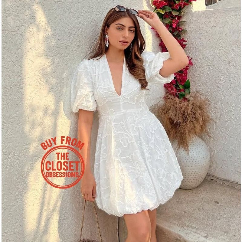 ZARA White Balloon Hem Embroidered Mini Dress NWT