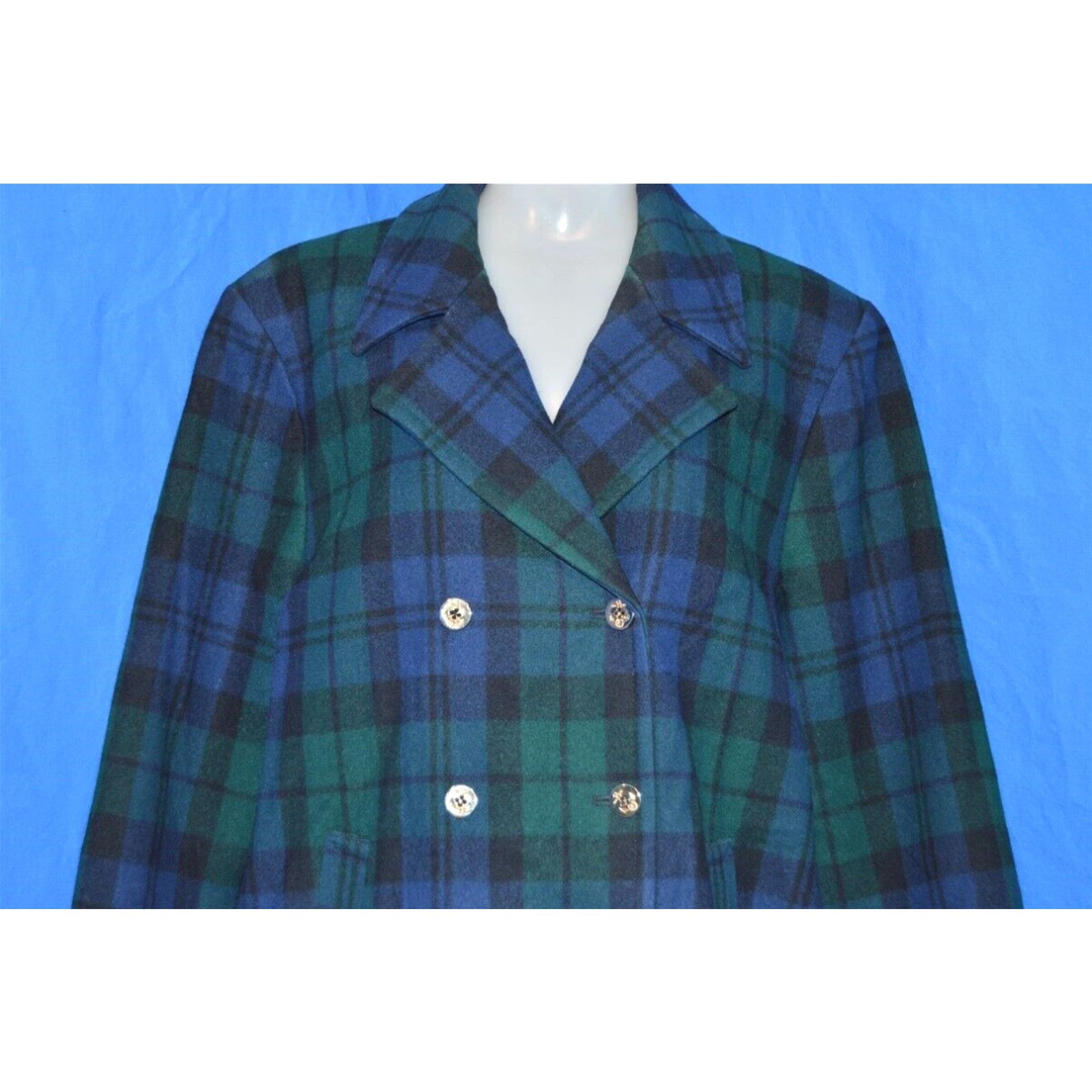 image of Vintage Pendleton Green Blue Tartan Plaid Pea Coat Womens Winter Jacket Size 12 in White