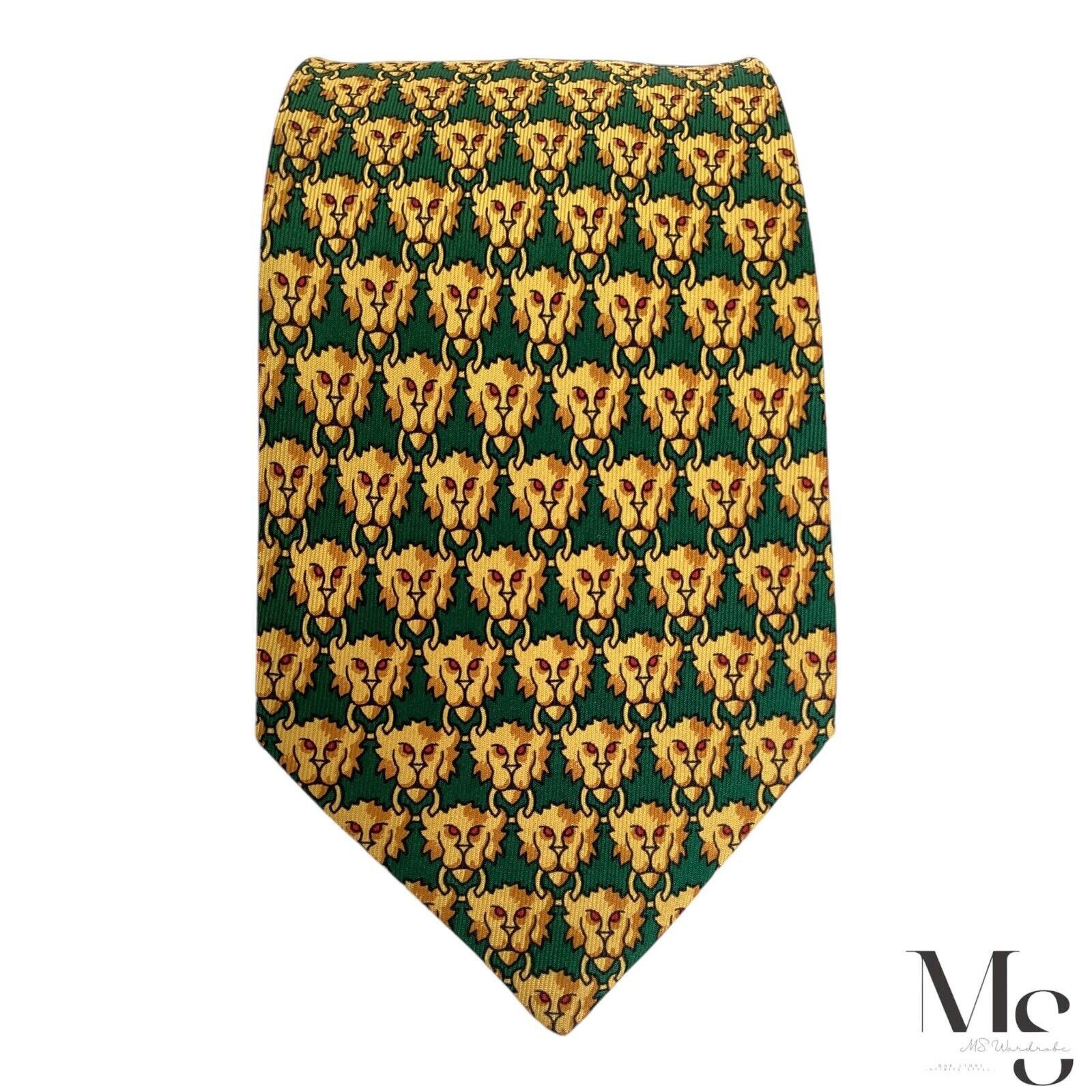 Battistoni BATTISTONI XL BAT 948 Green Yellow Lion Head Print Silk Tie Size ONE SIZE - 3 Thumbnail
