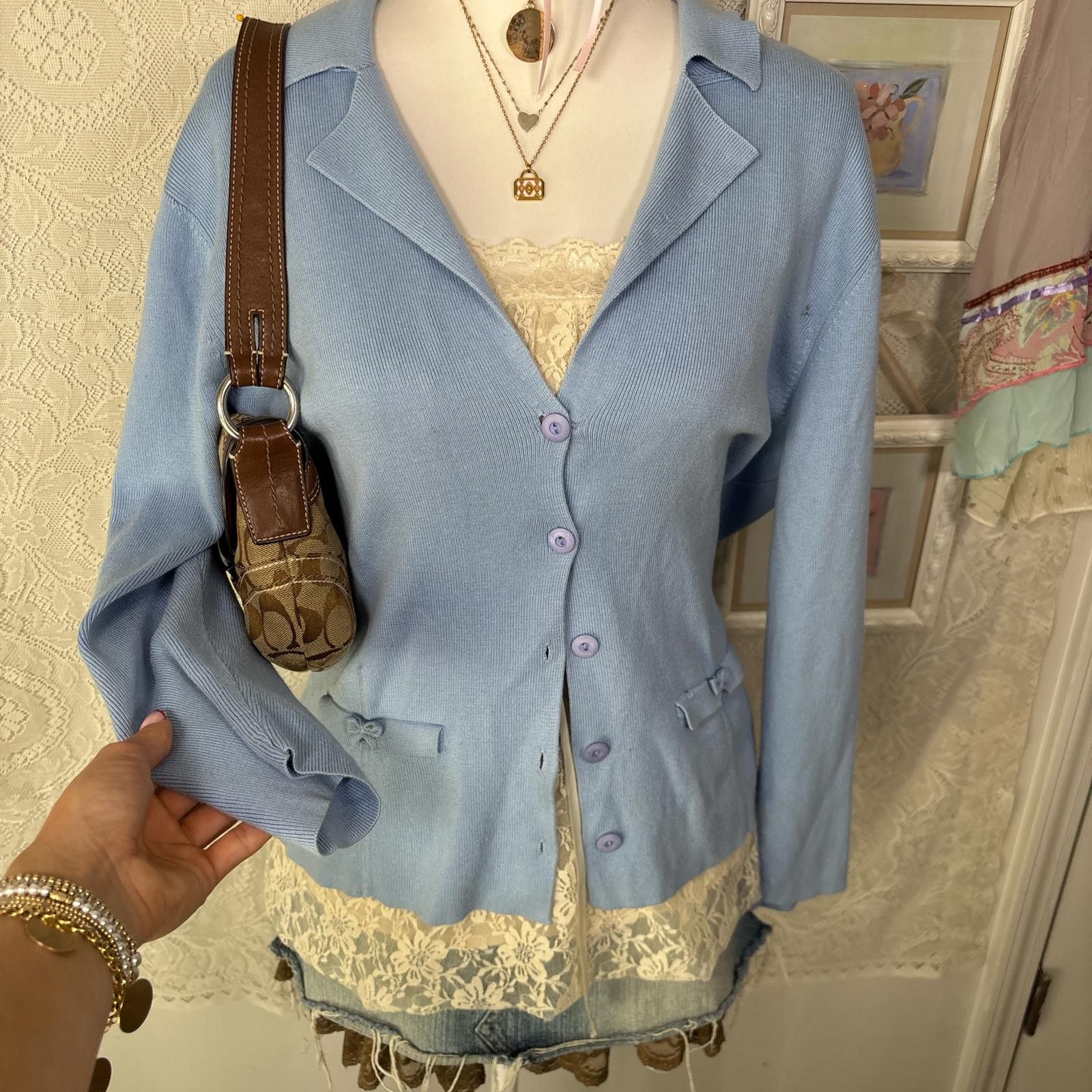 Other vintage cottage core blue bow cardigan Size L / US 10 / IT 46 - 5 Thumbnail