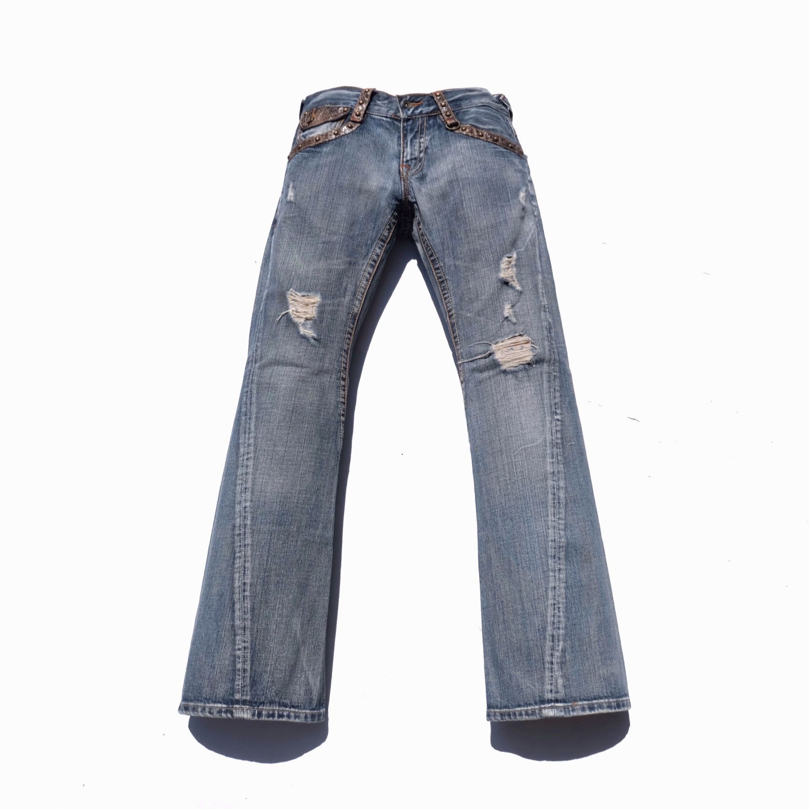 image of Kmrii x Le Grande Bleu L G B Semantic Design Distressed Flare Jeans in Blue Wash, Men's (Size 31)