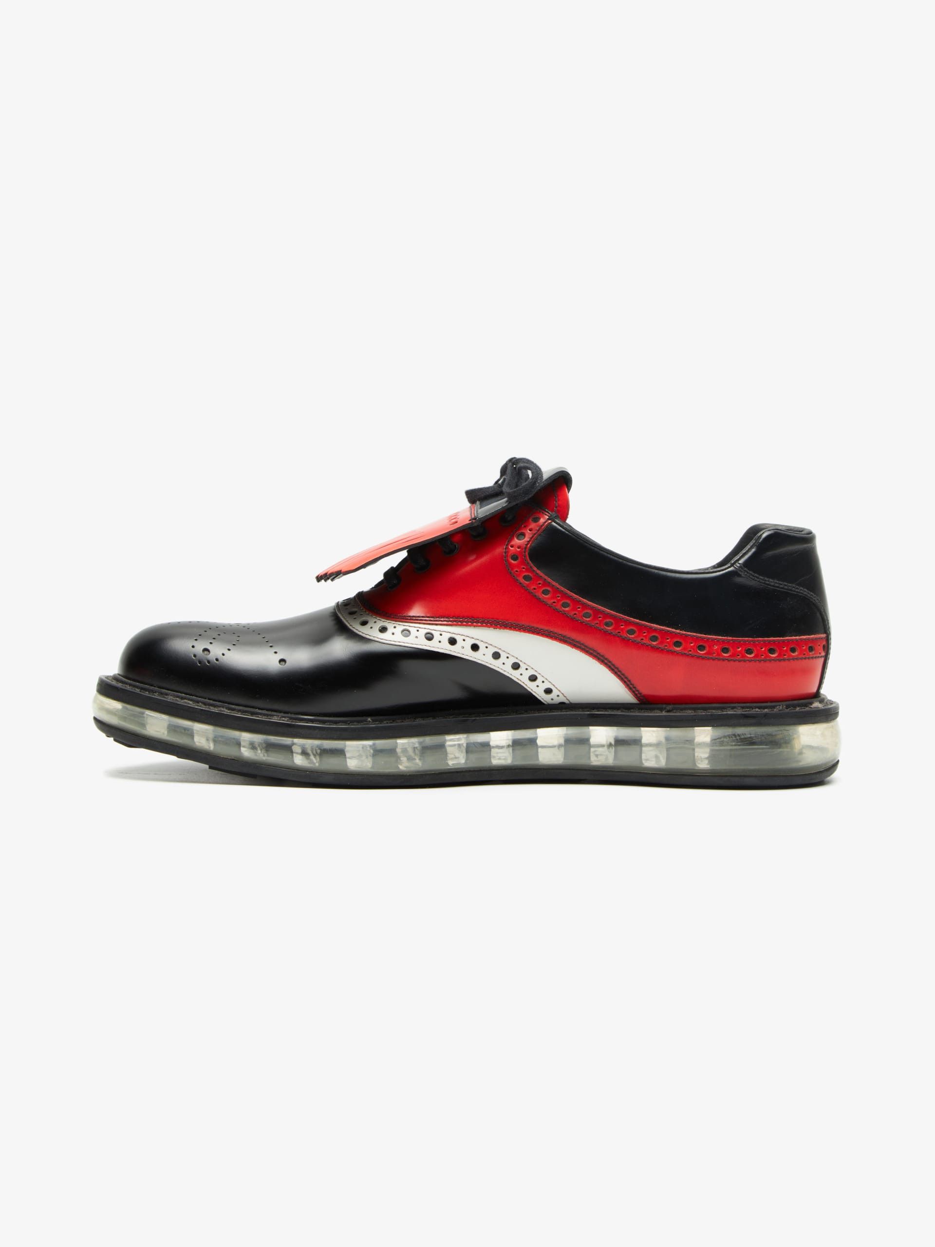 image of Prada Black Red White Transparent Sole Embossed Derby Shoes, Men's (Size 12)