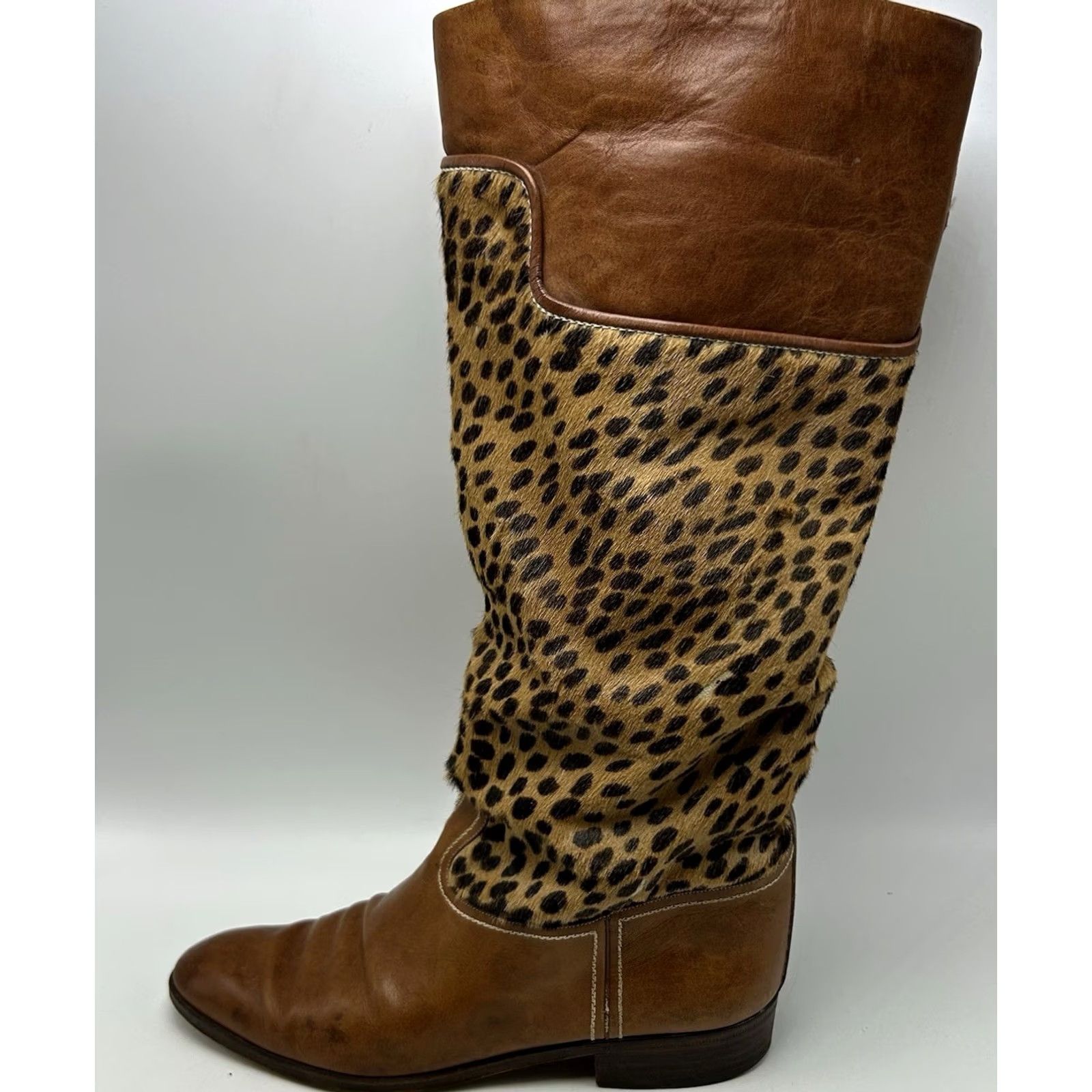 Vintage Studio Pollini Boots Womens 9 AA Brown Leather Knee High Animal Print Riding Boot Block Heel Leather Outsole Italy Vintage No Size US 9 / IT 39 - 2 Thumbnail