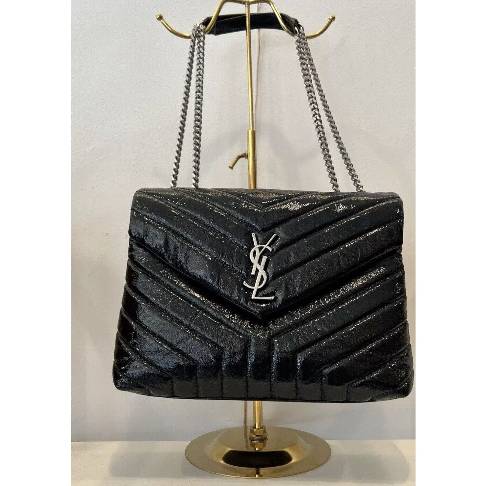Saint Laurent Paris YSL Black Patent Leather Quilted Patent Loulou Quilted Bag Size ONE SIZE - 2 Thumbnail