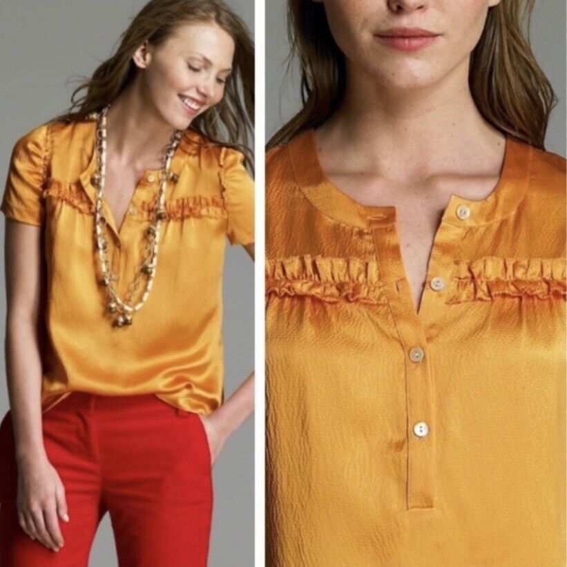 J.Crew J Crew 4 Golden Yellow Silk Hammered Ruffle Top Preppy Twee Size S / US 4 / IT 40 - 1 Thumbnail