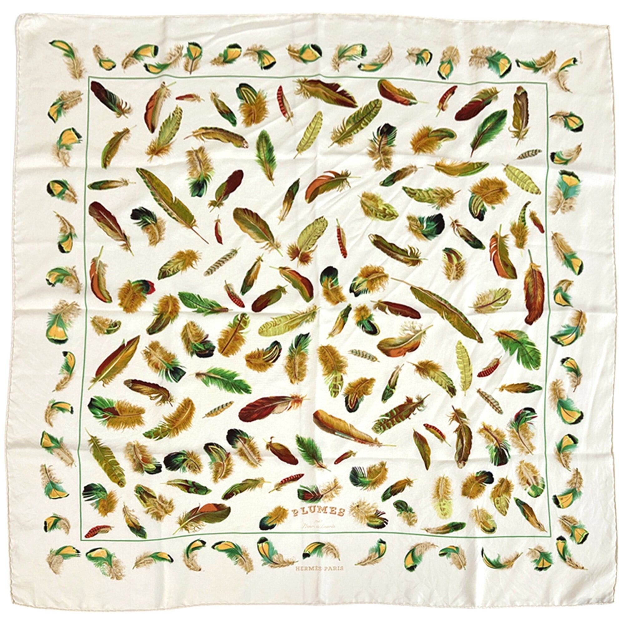Hermes Hermes scarf/muffler, Carre 90, PLUMES by Henride Linares, feather design, women's, brand, silk, white, cream. Size ONE SIZE - 1 Thumbnail