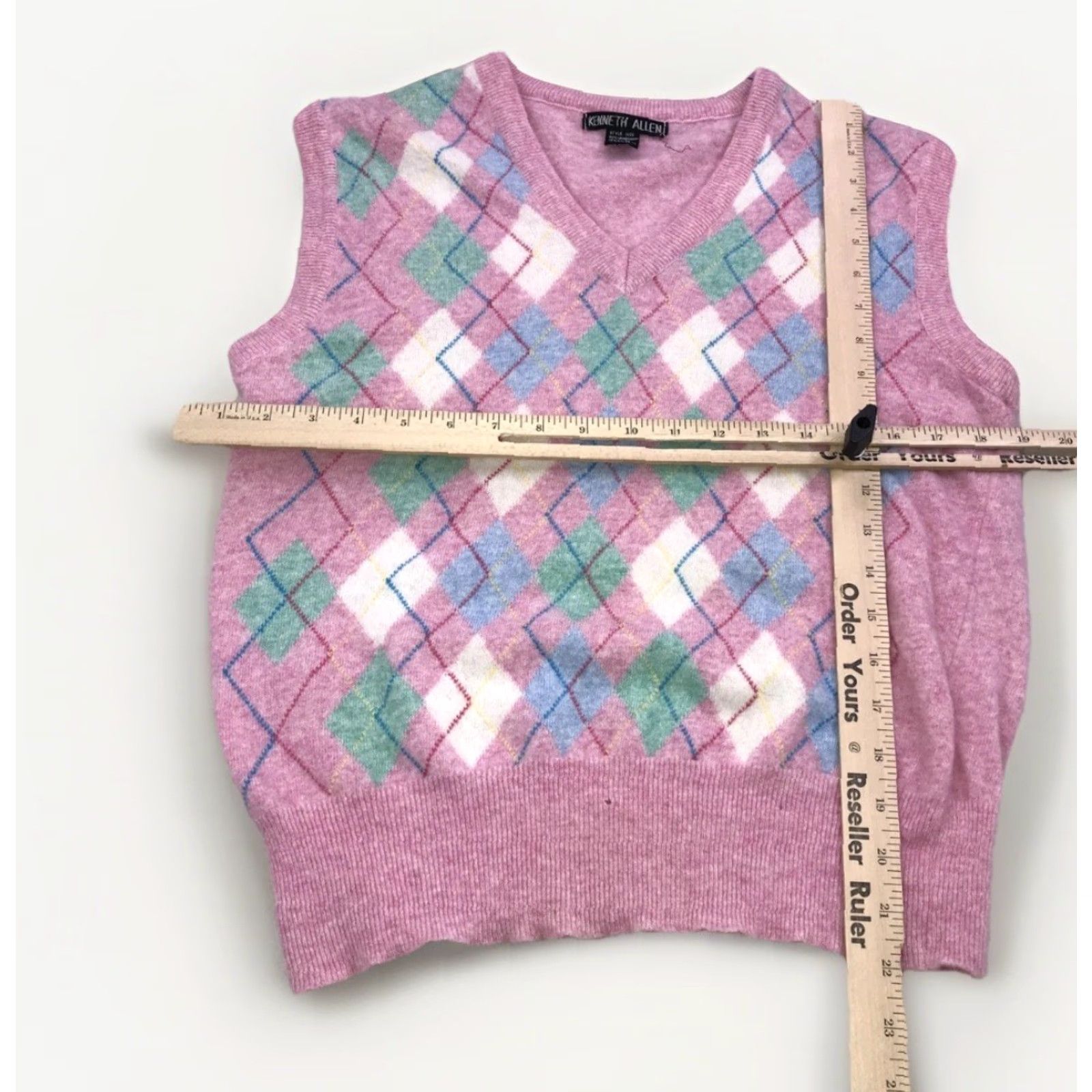 Pinko VINTAGE Kenneth Allen Sleeveless Vest Womens XXL Pink Argyle Lambswool Wool Knit V-Neck 90s Classic 3 Decade Theme Womens Size XL / US 12-14 / IT 48-50 - 3 Thumbnail