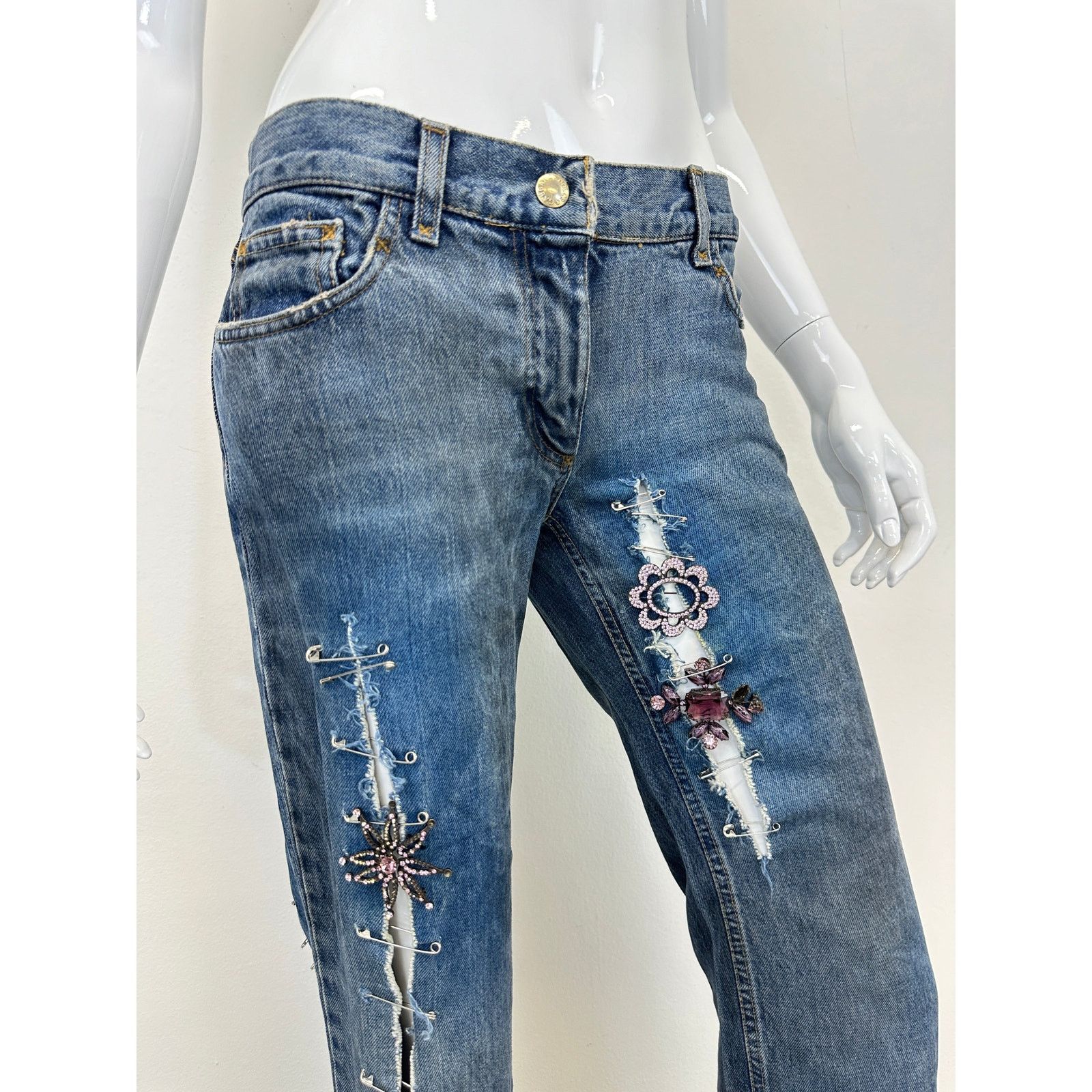 Dolce & Gabbana S/S 2001 Dolce & Gabbana safety pin punk jeans with broches Size 27" / US 4 / IT 40 - 5 Thumbnail