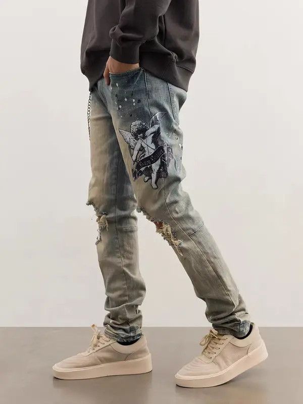 Japanese Brand VIBE High street ripped angel print chain jeans Size US 32 / EU 48 - 2 Thumbnail