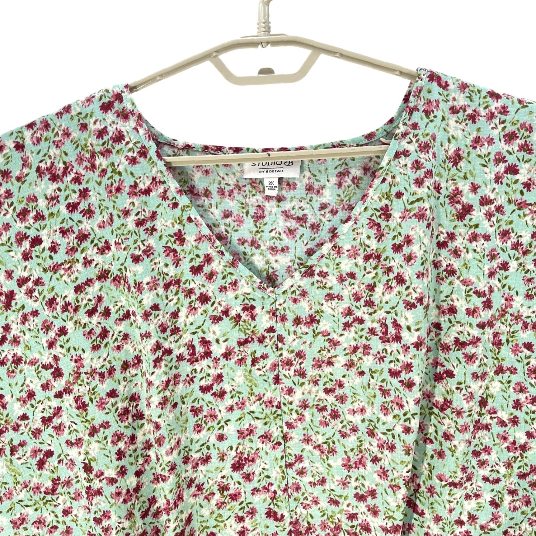 Vintage Bobeau Shirt Plus 2X Green Pink Ditsy Floral Twist Front Cottage Bohemian Size XXL / US 16-18 / IT 52-54 - 2 Thumbnail