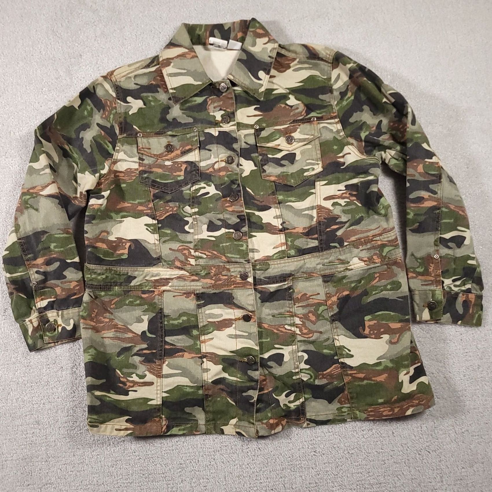Vintage Roman's Jacket Women's 16W Green Denim Camouflage Button Up Outdoors Pockets Jacket Size XXL / US 16-18 / IT 52-54 - 2 Thumbnail