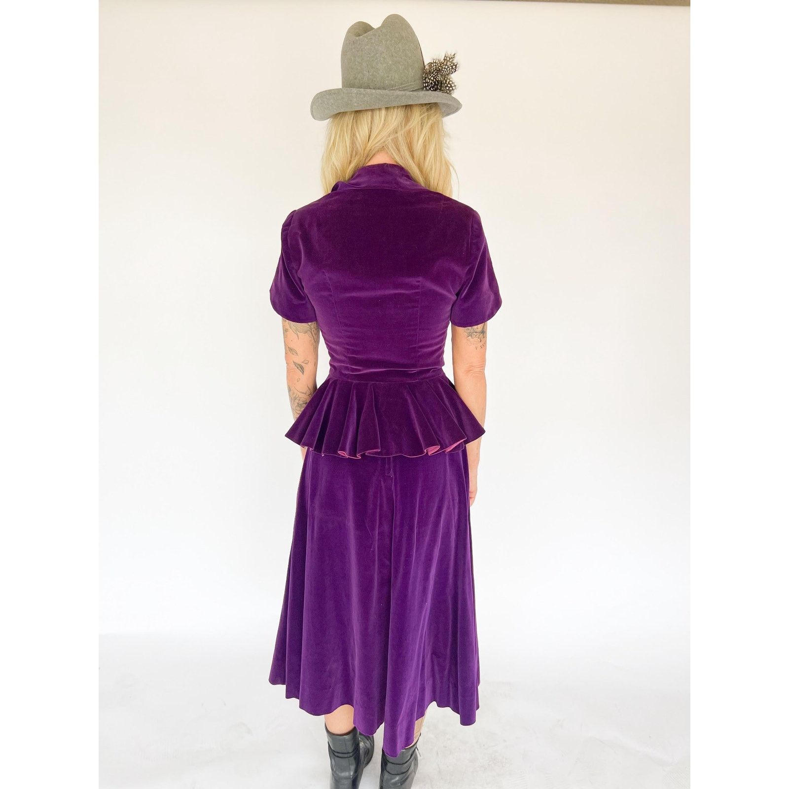 Vintage VTG 40s Steampunk Prple Velvet Peplum Top Skirt Hollywood XS Size XS / US 0-2 / IT 36-38 - 2 Thumbnail