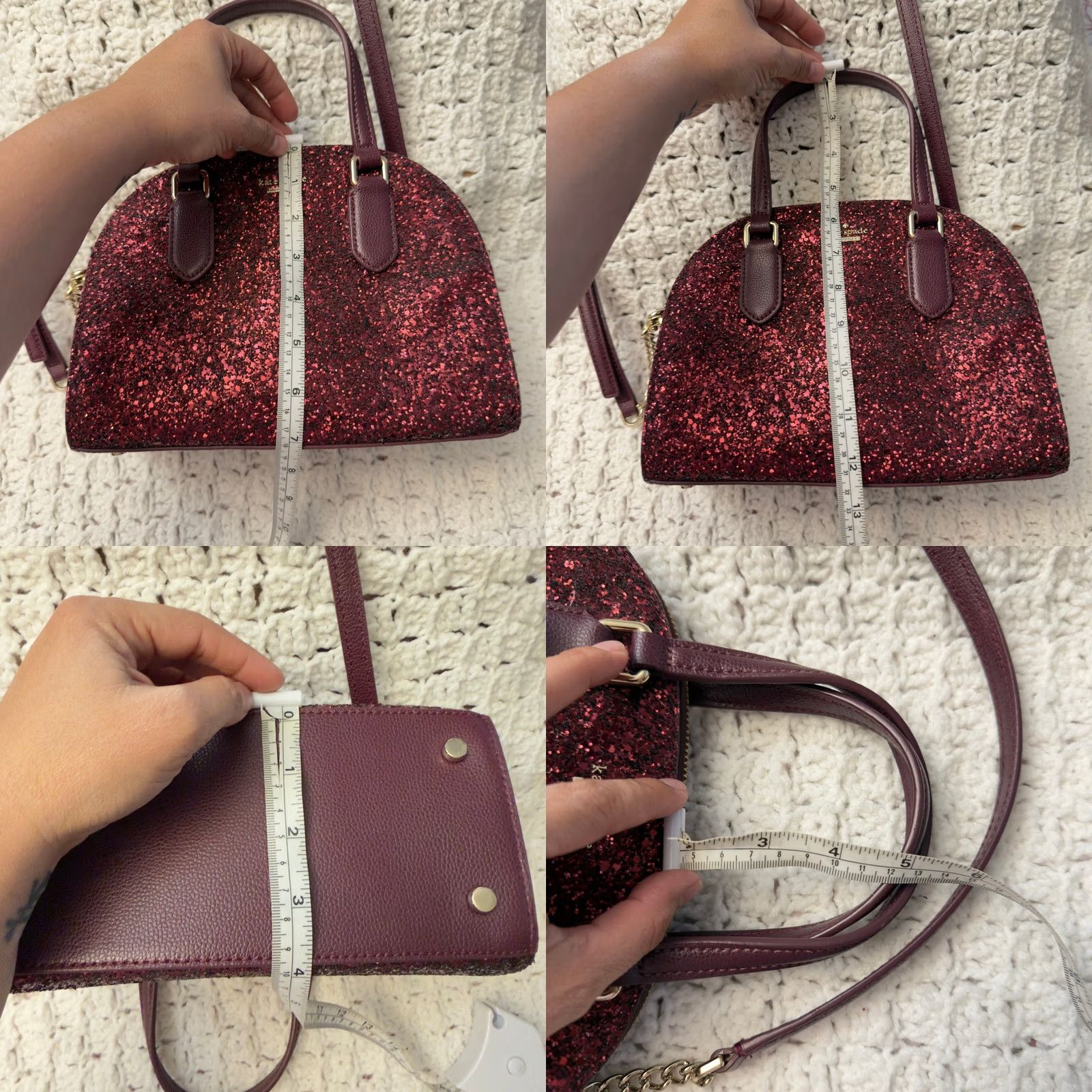 Vintage VINTAGE Kate Spade Satchel Bag Cross-Body Purse Burgundy Glitter Leather Trim Small Women’s Size ONE SIZE - 10 Thumbnail