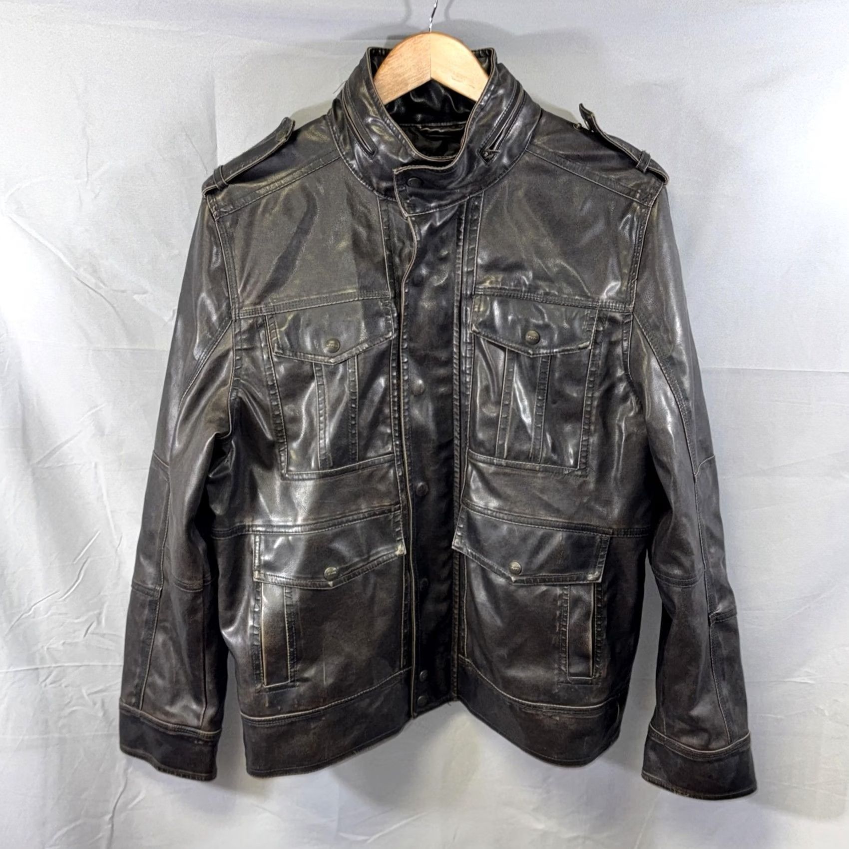 Levi's Levis Jacket Mens M Black Faux Leather Moto Military Four Pocket Full Zip Size US M / EU 48-50 / 2 - 2 Thumbnail