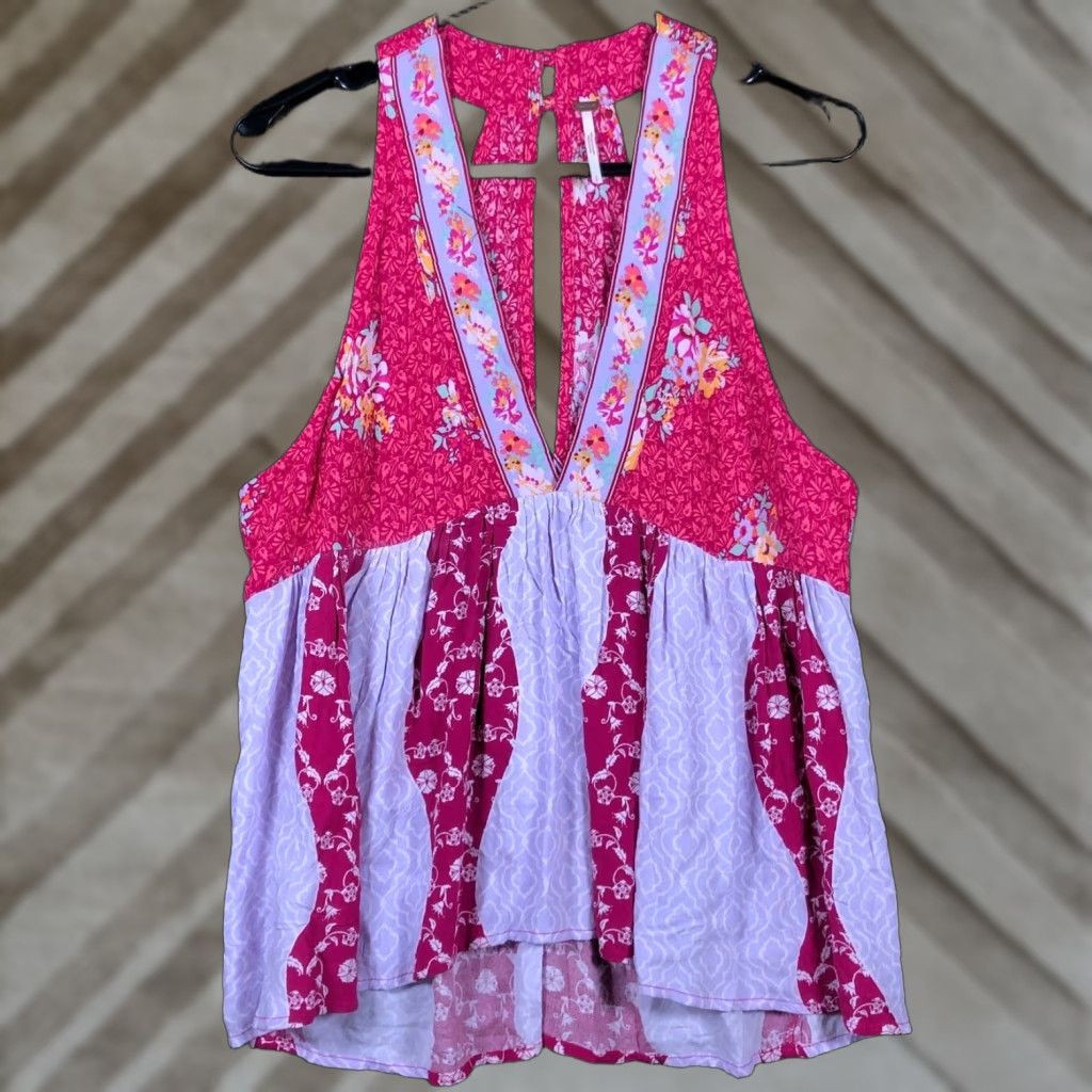 Free People Free People Women’s Blouse Multi Pink Dream Darlin’ Printed Deep V Sleeveless S Tank Halter Neck Casual Workwear Party/Cocktail Women S Size S / US 4 / IT 40 - 1 Thumbnail