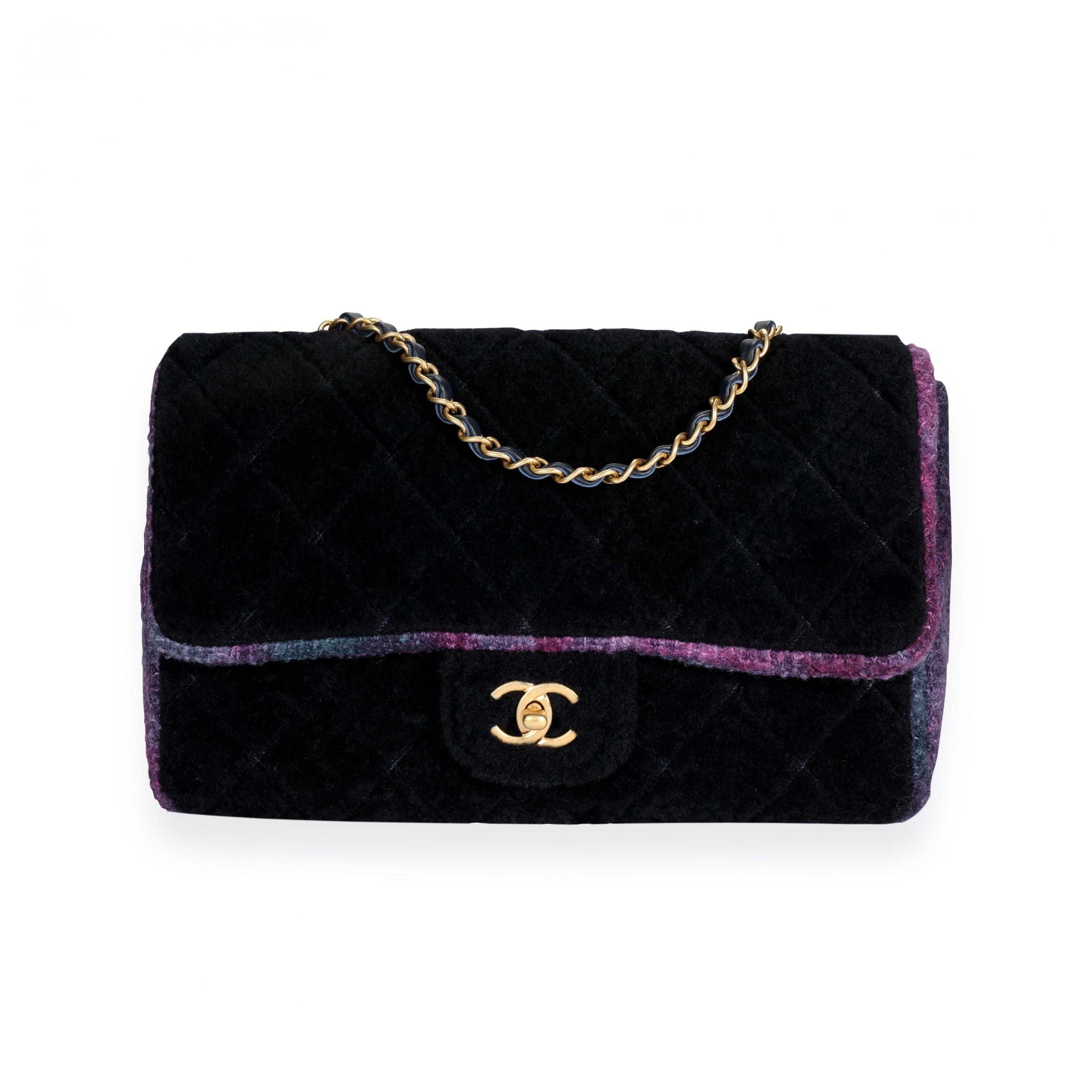 Chanel Navy Shearling & Purple Tweed Jumbo Single Flap Bag