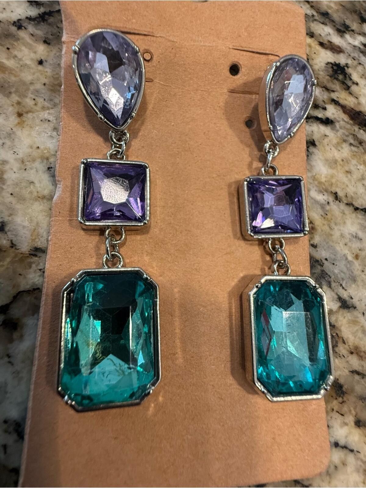 Other Formal gem dangle rhinestone earrings clear purple teal Size ONE SIZE - 1 Thumbnail