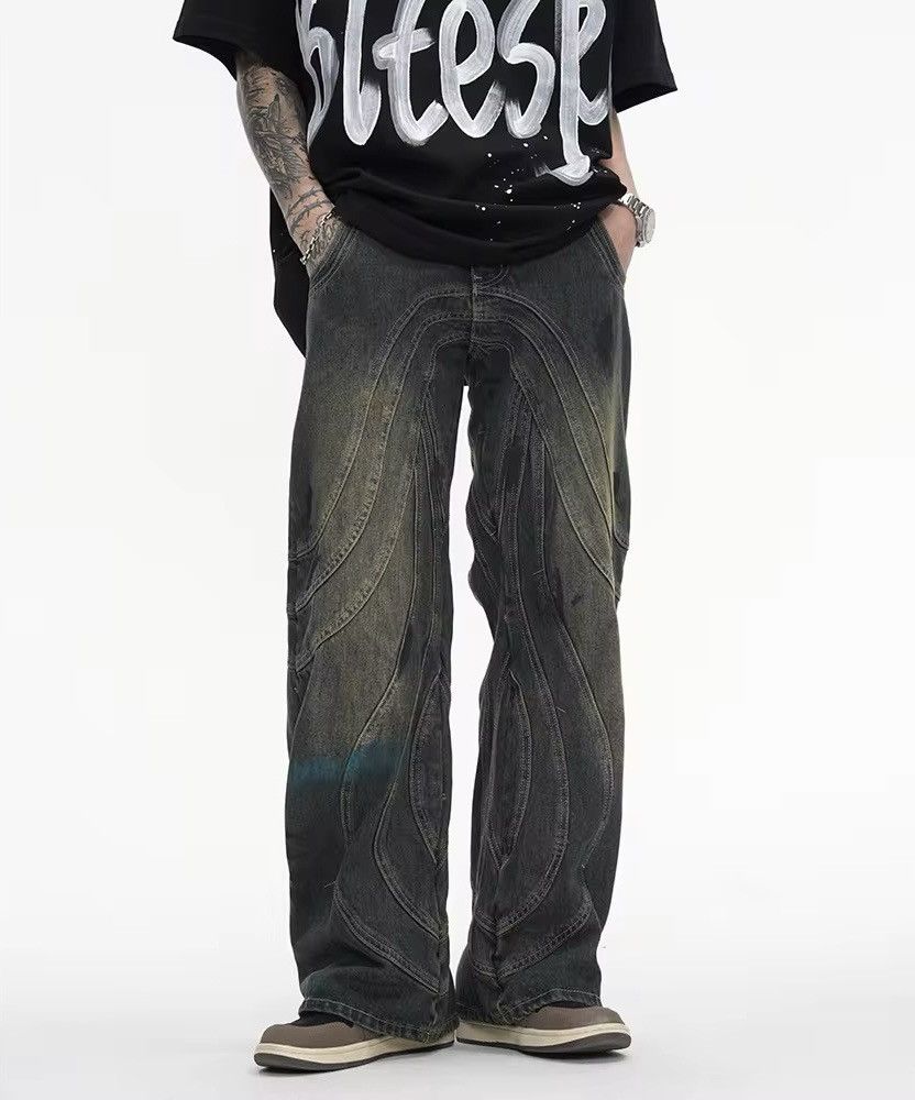 Jean × Vintage Patchwork Design Washed Trendy Graffiti Straight Jeans Size US 34 / EU 50 - 1 Thumbnail