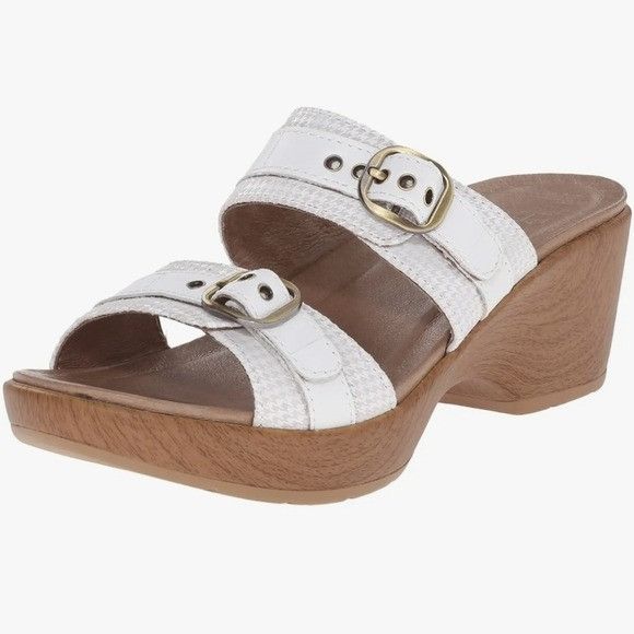 Dansko Jessie White Leather Cream Houndstooth 2 Strap Buckle