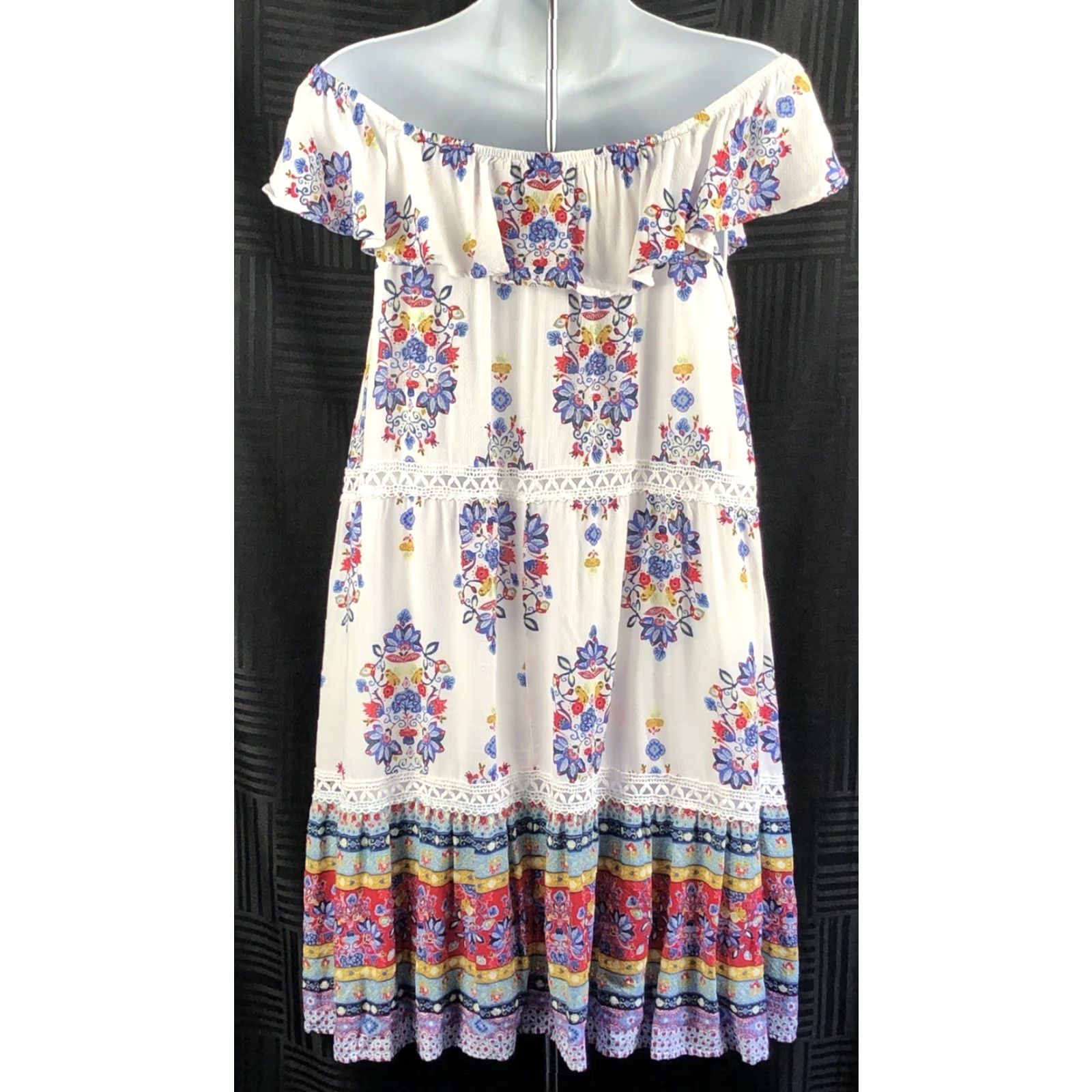 Vintage VINTAGE Off Shoulder Mini Dress M Floral Ruffle Flared Boho Peasant Prairie Size M / US 6-8 / IT 42-44 - 4 Thumbnail