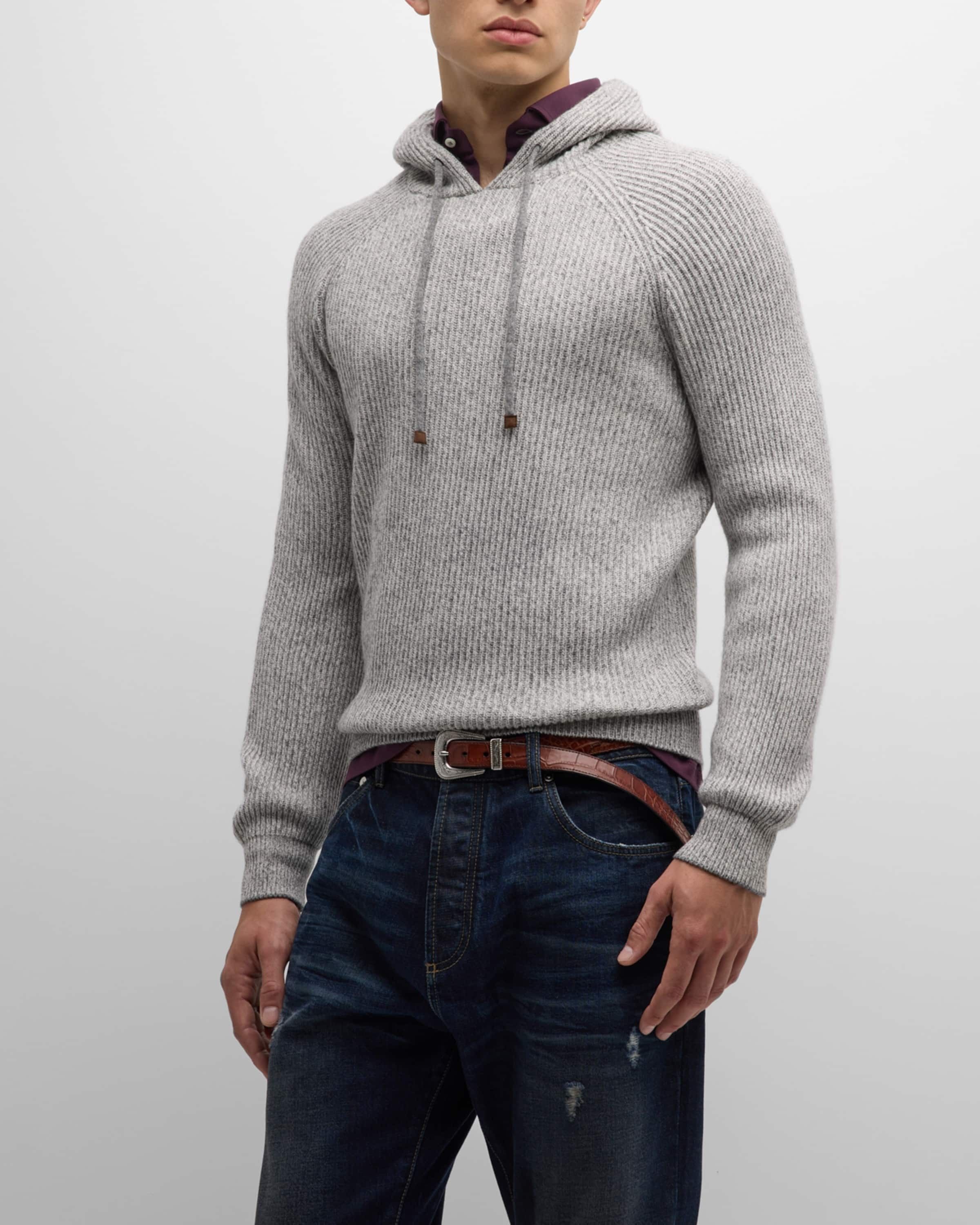 Brunello Cucinelli o1w1db10225 Chine Knit Drawstring Hoodie in Grey Size US XL / EU 56 / 4 - 5 Thumbnail
