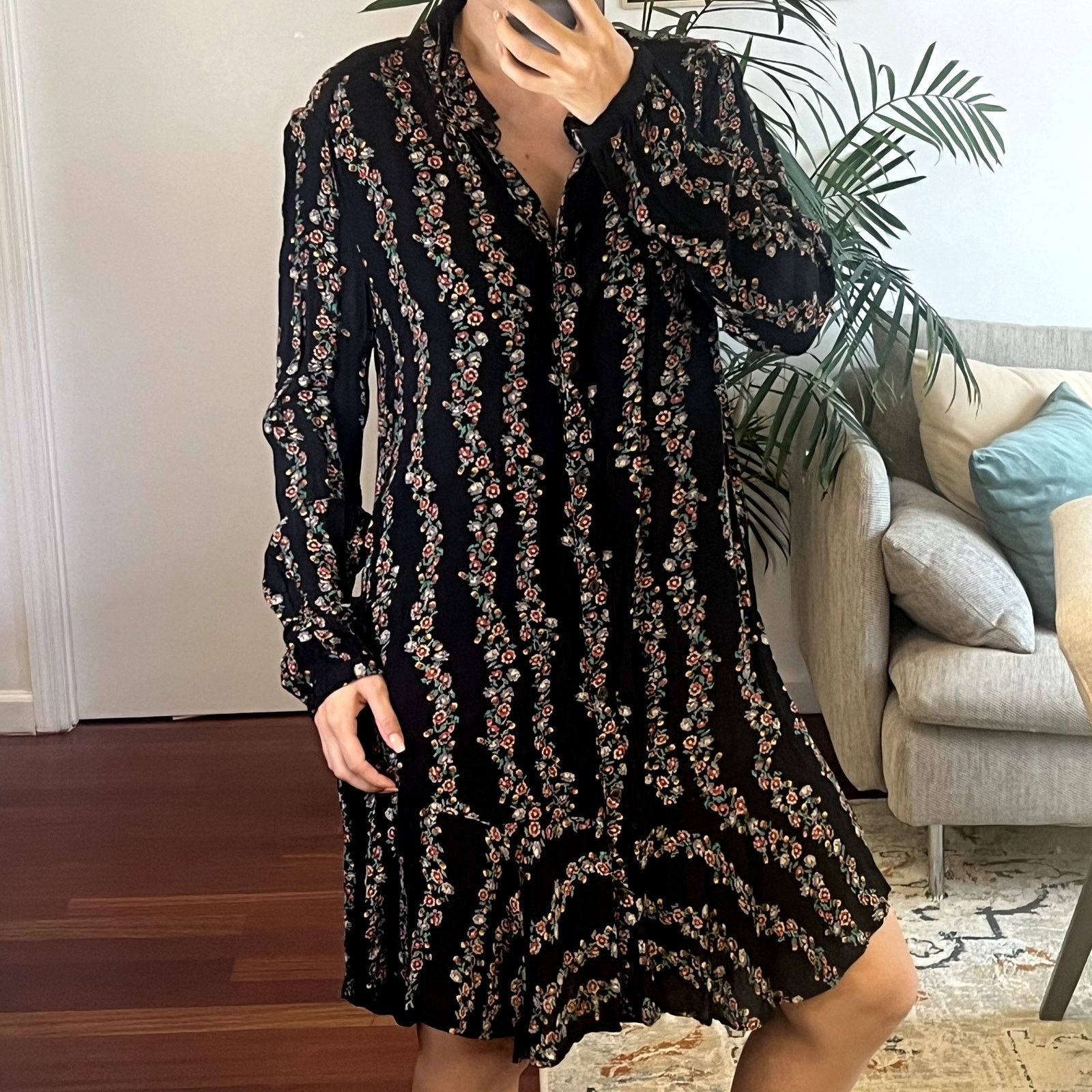 Free People Free People Boho Floral Buttondown Shirt Dress Black Combo Size L / US 10 / IT 46 - 2 Thumbnail